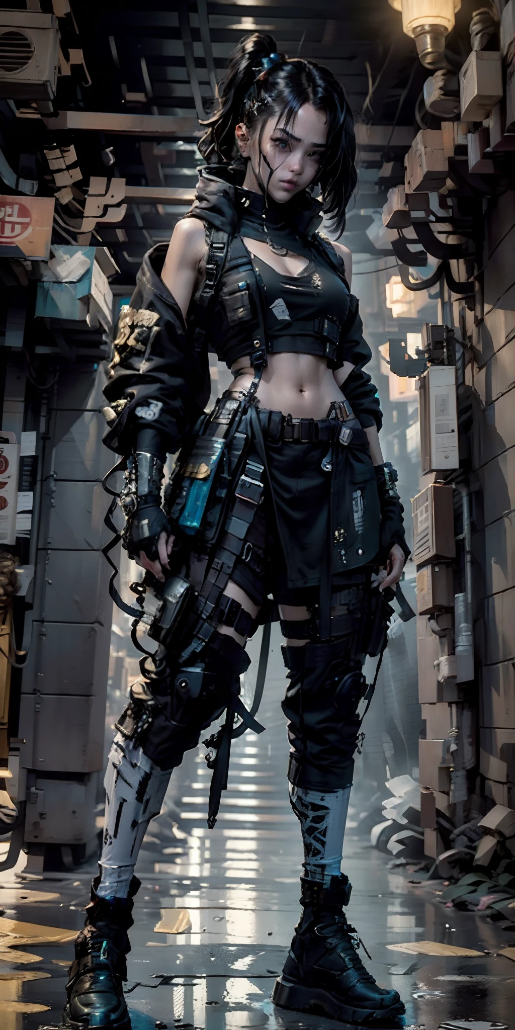 ((Best quality)), ((masterpiece)), (highly detailed:1.3), 3D, beautiful (cyberpunk:1.3) street samurai woman with thick shapeless hair, pistols worn on hips, cinematic lighting, depth of field.