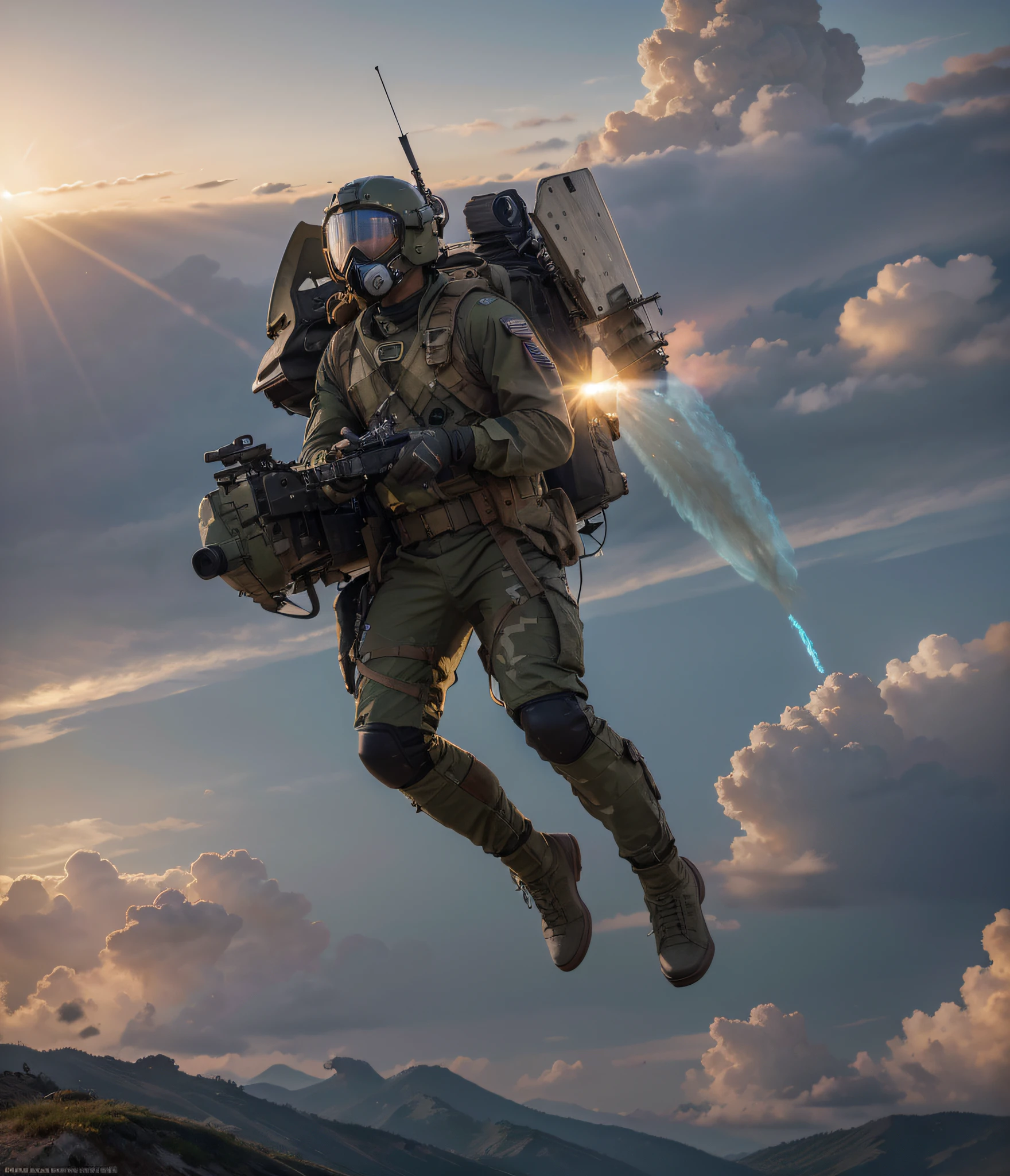 1960s style rocketeer soldier flying, Olive green camouflage military uniform with blue details, advanced aviator helmet with air mask, has an advanced weapon, turbines with blue fire, beautiful sunset sky, Ultra detailed, hyper realistic, 4k , Ultra detailed image, realistic, Highly detailed, perfect composition, beautiful, intricately detailed, incredibly detailed, 8k fine art photography, hyper detailed, Masterpiece