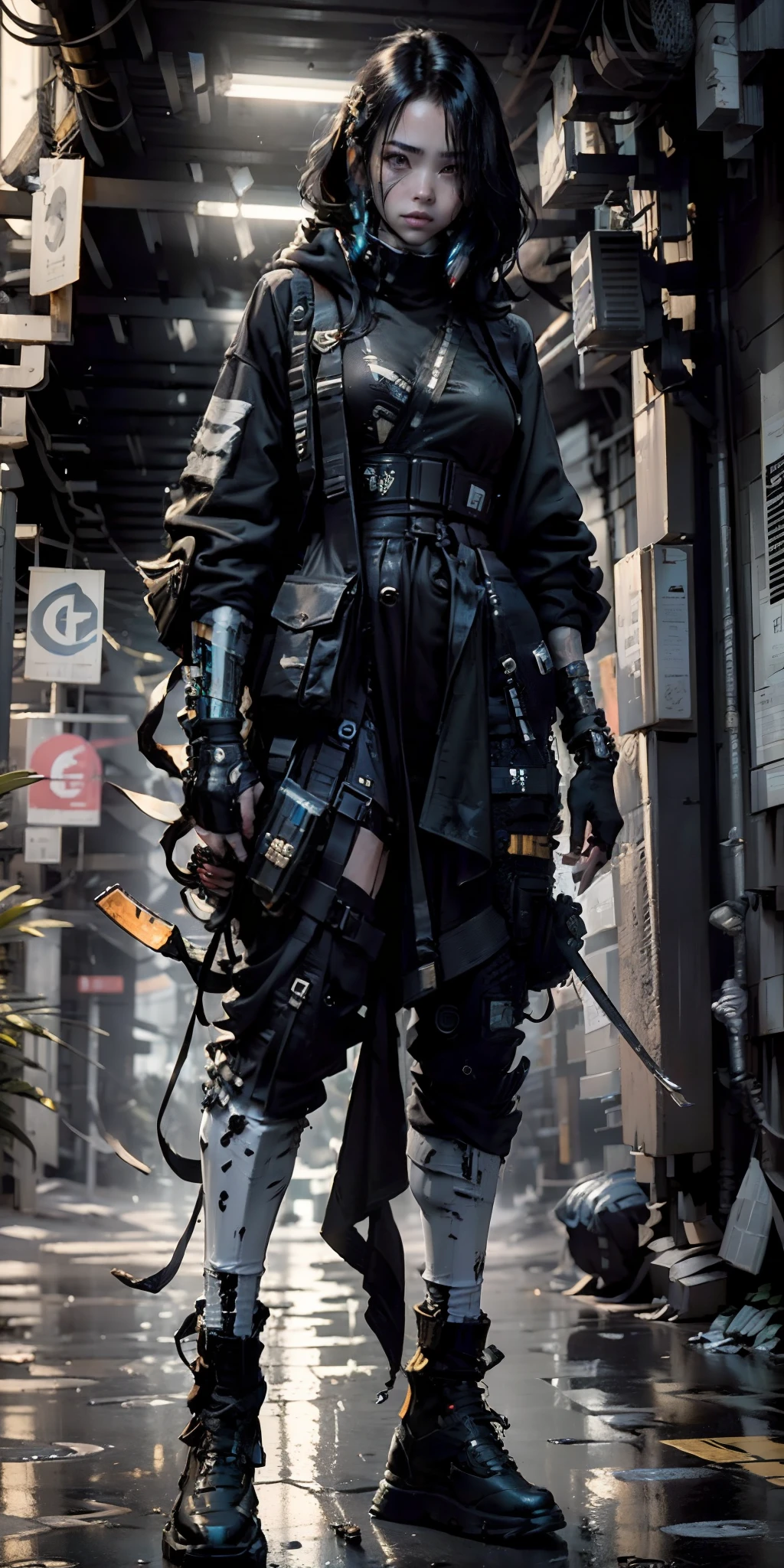 ((Best quality)), ((masterpiece)), (highly detailed:1.3), 3D, beautiful (cyberpunk:1.3) street samurai woman with thick shapeless hair, pistols worn on hips, cinematic lighting, depth of field.