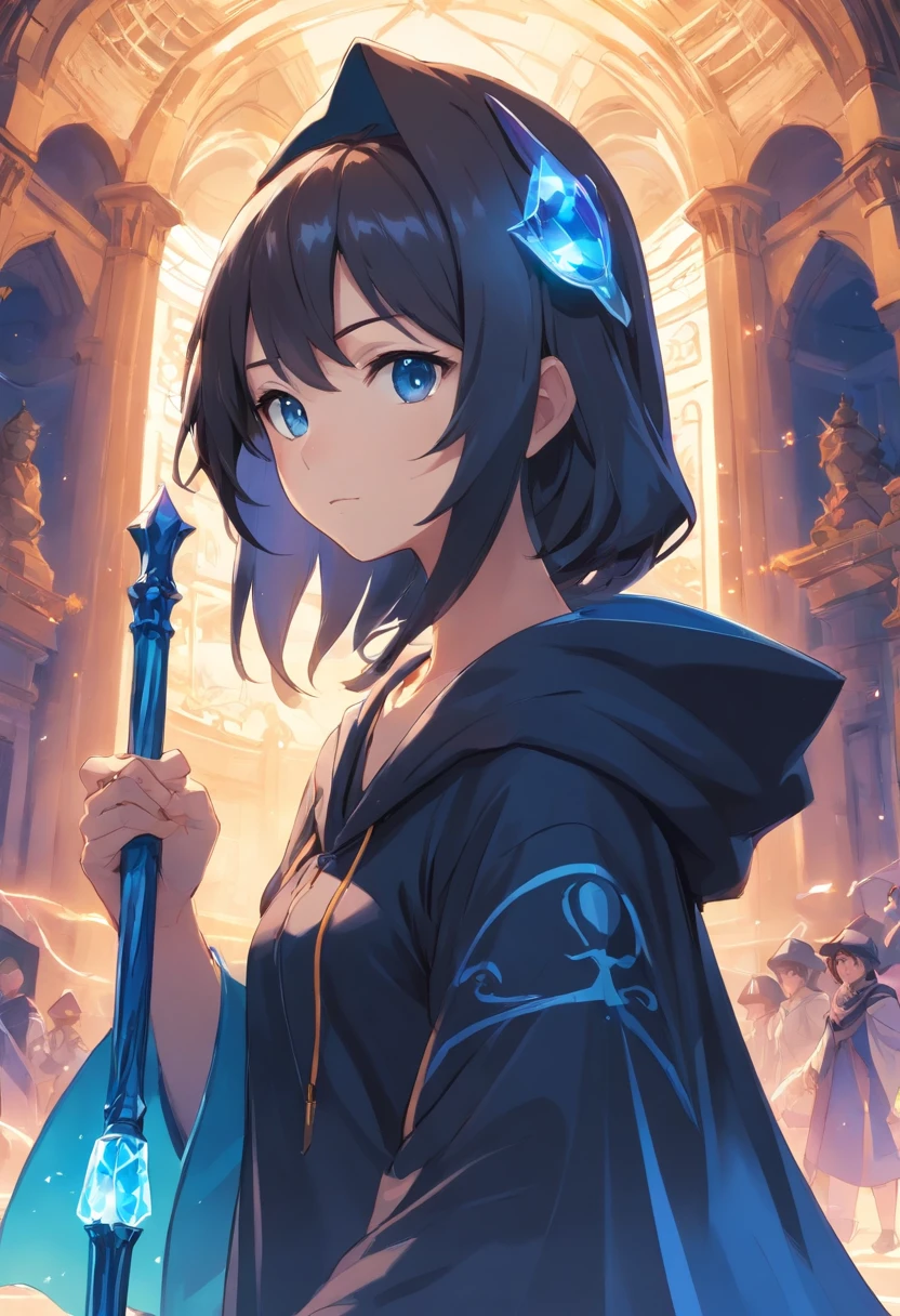Tipo anime, A legion of mages in black hoods with staffs in a coliseum, liderados por un joven de cabello azul obscuro y ojos azules como el agua, with a staff with a large blue gem and a flag with the face of a large-fanged snake
