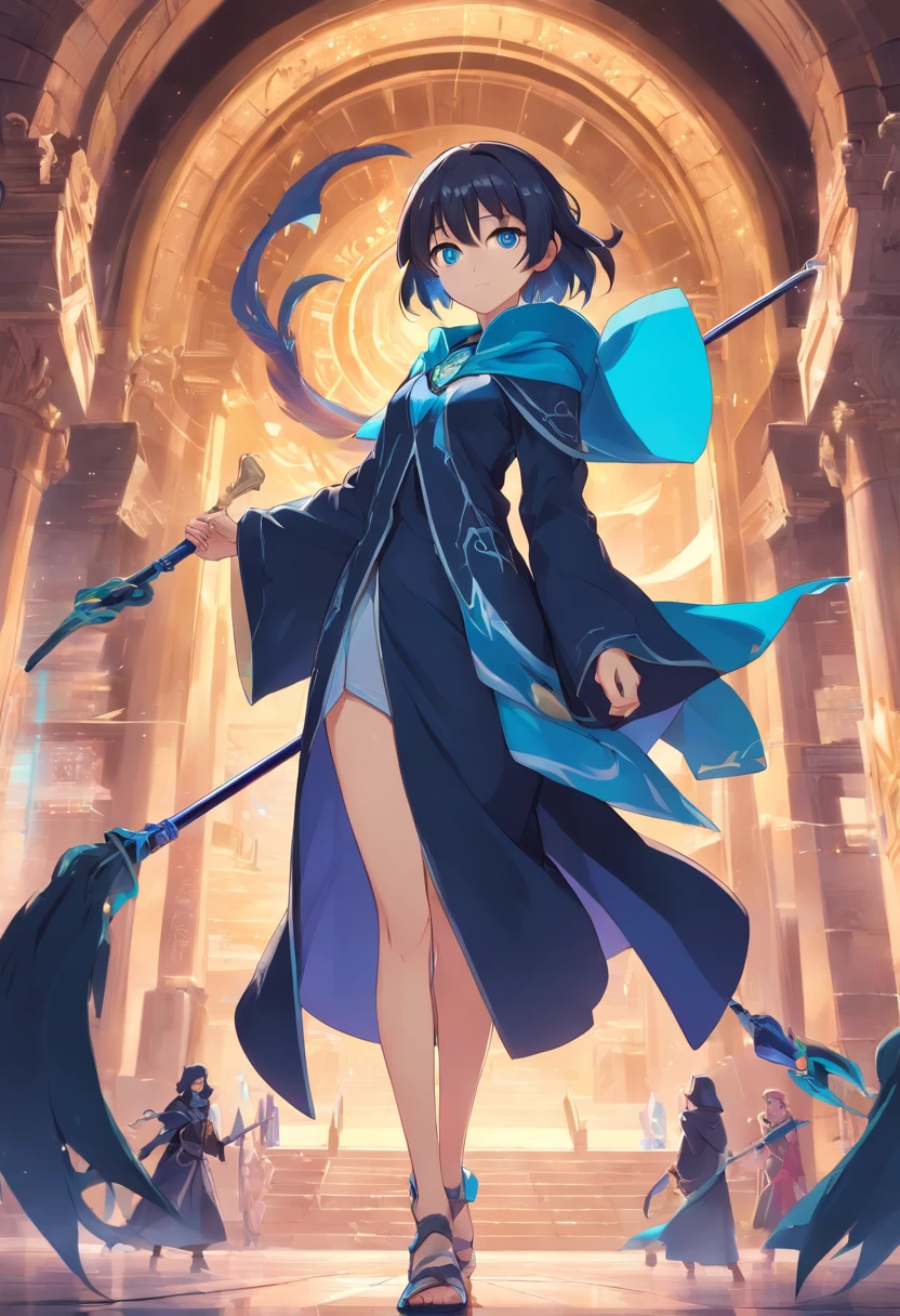 Tipo anime, A legion of mages in black hoods with staffs in a coliseum, liderados por un joven de cabello azul obscuro y ojos azules como el agua, with a staff with a large blue gem and a flag with the face of a large-fanged snake