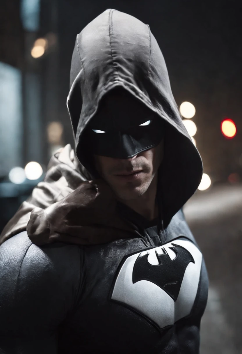 Superhero standing with the hood down, revealing his mask and his white in a modern criminal world, realistic style, Artistation, Meticulous details, Located in streets, night time