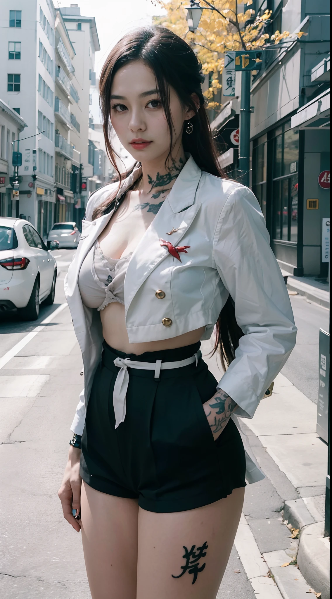 30 years old, gorgeous cute Russian girl, grin, freckles, arafed woman standing on the sidewalk with a book in his hand, (Shin_Ryujin:1.5), female, jung jaehyun, jinyoung shin, casual clothing style, inspired by jeonseok lee, style kim jung gi, hyung tae, jacket, cai xukun, inspired by Kim Myeong-guk, ulzzang, inspired by Zhang Han, good young girl, (masterpiece:1.0),(best_quality:1.0), ultra high res,4K,ultra-detailed, photography, 8K, HDR, highres, absurdres:1.2, Kodak portra 400, blurry background, bokeh, lens flare, (vibrant_color:1.2),professional photograph,(the_tattoo:1.4),(Beautiful,large_Breasts), (beautiful_face:1.5),(narrow_waist),