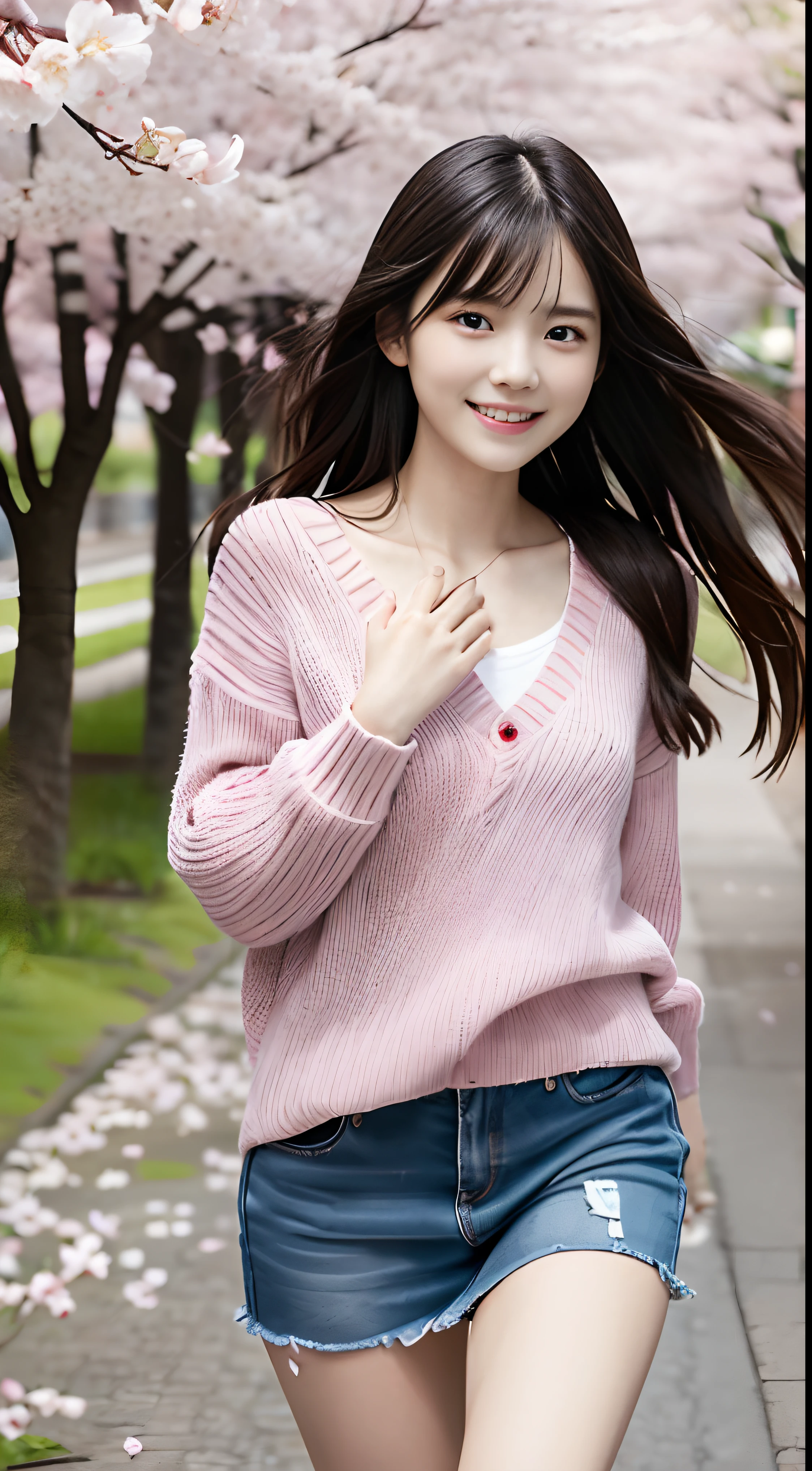 (Close-up of two girls is、Has slender small chest and long hair with dull bangs in spring colorful sweater and shirt :1.5)、(Dancing with a small smile、Two girls with hair fluttering in the wind :1.5)、(Rows of cherry blossom trees in full bloom and cherry blossom petals dancing in the wind:1.5)、(Perfect Anatomy:1.3)、(No mask:1.3)、(complete fingers:1.3)、Photorealistic、Photography、masutepiece、top-quality、High resolution, delicate and pretty、face perfect、Beautiful detailed eyes、Fair skin、Real Human Skin、pores、((thin legs))、(Dark hair)