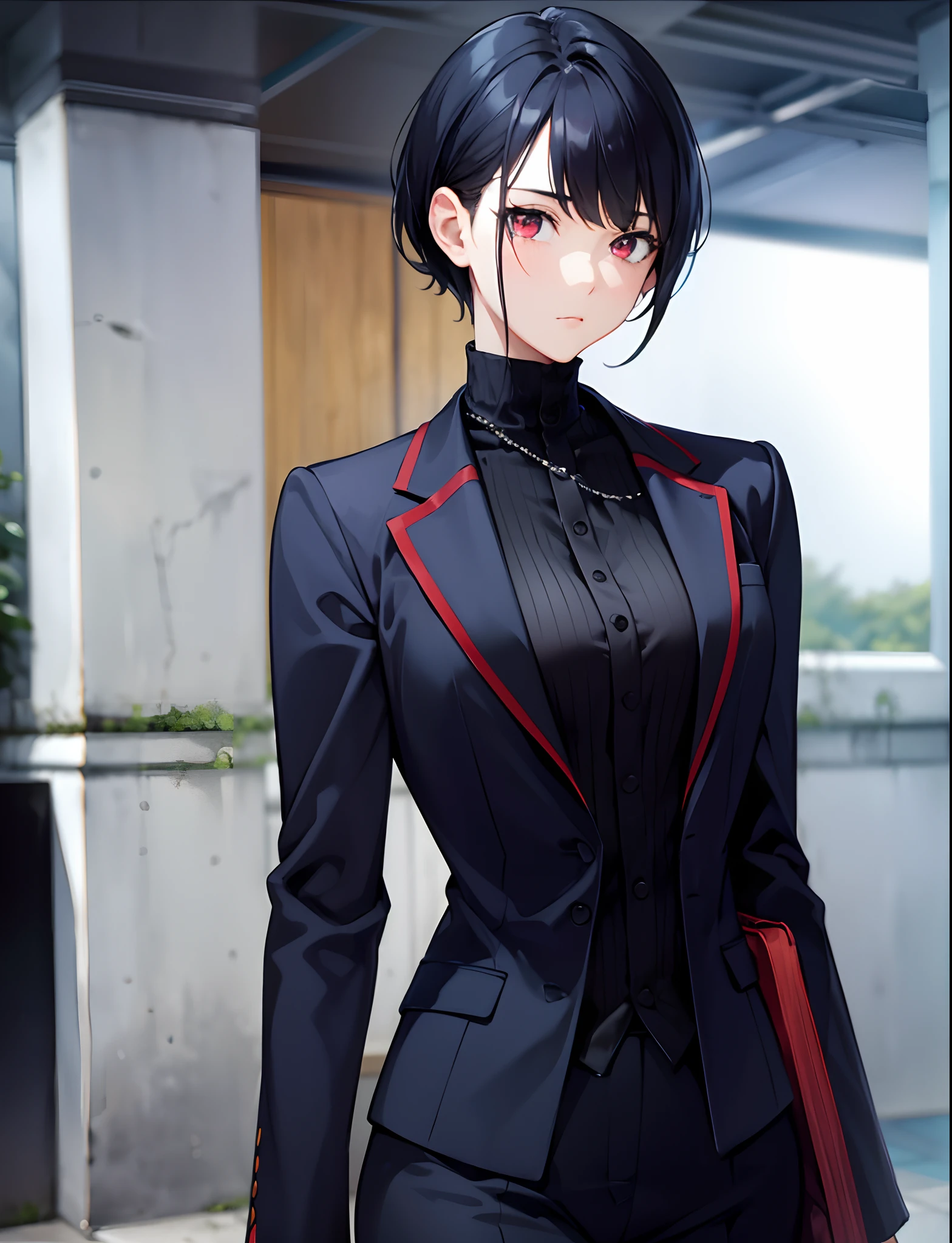 1girl, short black hair, blue suit, red eyes, standing on ground, high res, ultra sharp, 8K, masterpiece