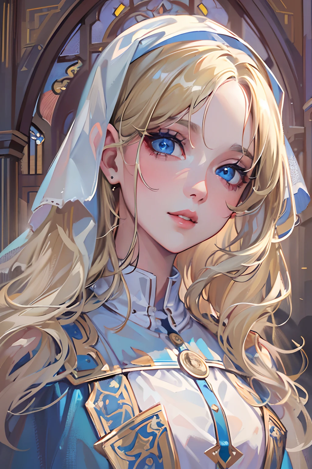 (best quality,4k,8k,highres,masterpiece:1.2),ultra-detailed,realistic,beautiful detailed blue eyes,beautiful detailed lips,extremely detailed face,long hair,1girl,beautiful blonde girl,wearing a nun's outfit,cute,attractive,church, retrato, detailed eyes
