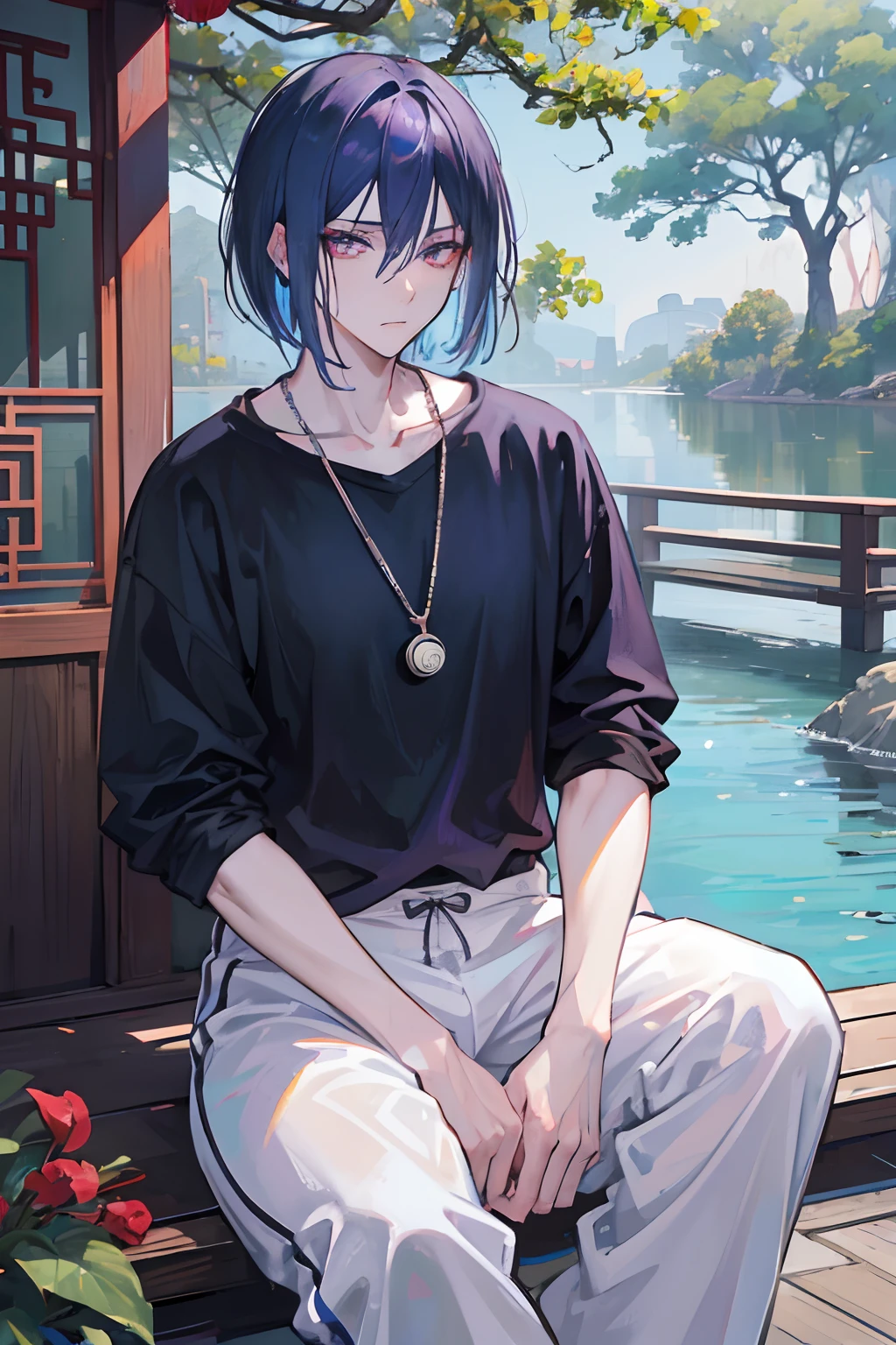 man, 20 years old, bob haircut, blue hair, messy hair, red eyes, dark circle under eyes, 4k, Jujutsu Kaisen Artsyle, Ying Yang Necklace, Purple shirt, blue, sweatpants, big black, In a Chinese garden, 4k, Lake in the background , Chinese trees