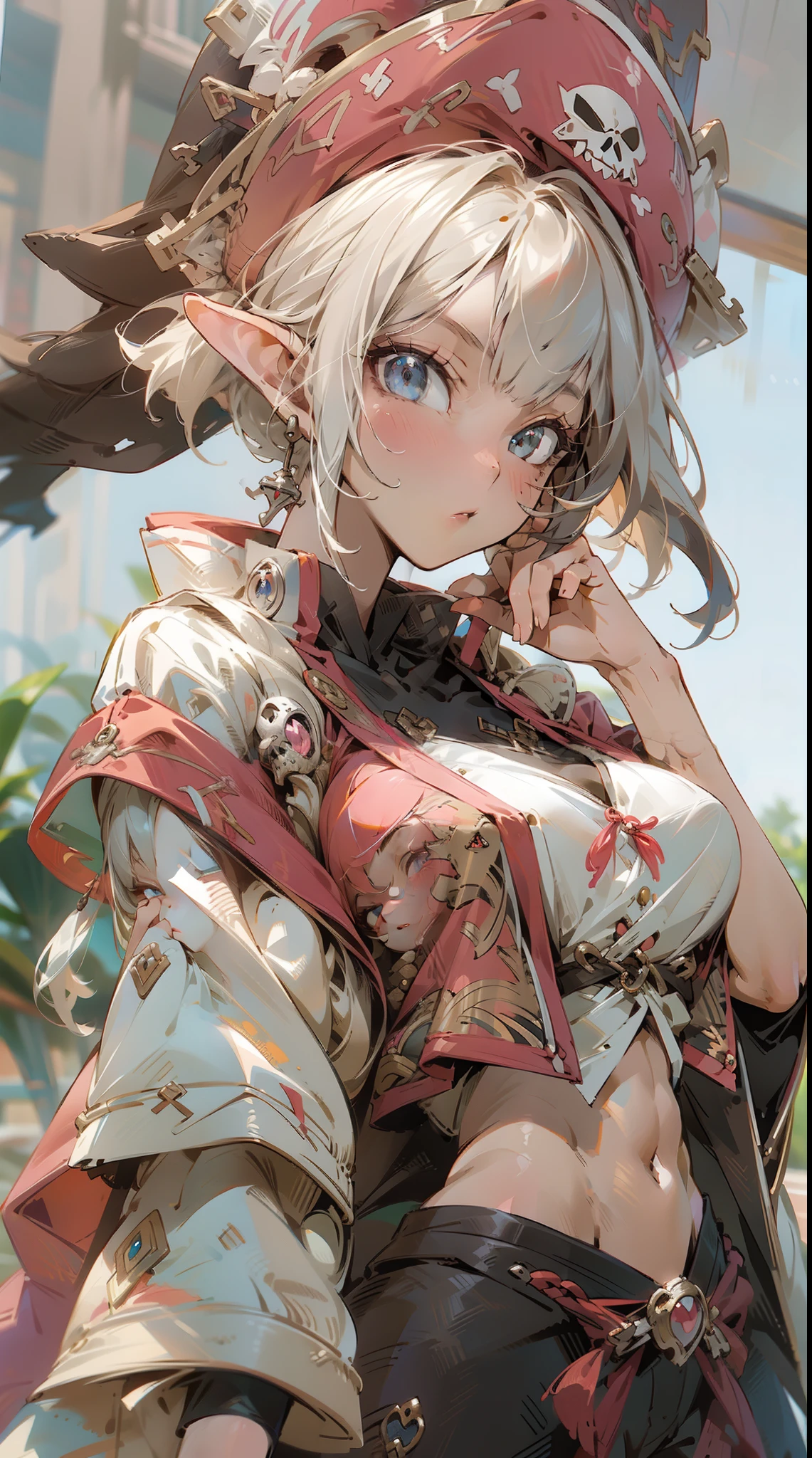 a beautiful Extremely cute elf race face, 1girl, insanely detailed face and eyes, Perfect lips, pirate captain, Sunshine, hands on straw hat, red jacket, closed shirt, pirate hat, looking at viewer, upper body, ABS, white hair, asymmetrical bangs, short hair, big breast, digital painting, dramatic, cinematic lighting, fine expression, fine detail, masterpiece, fantasy art, illustration, masterpiece, digital art by Yusuke Murata.