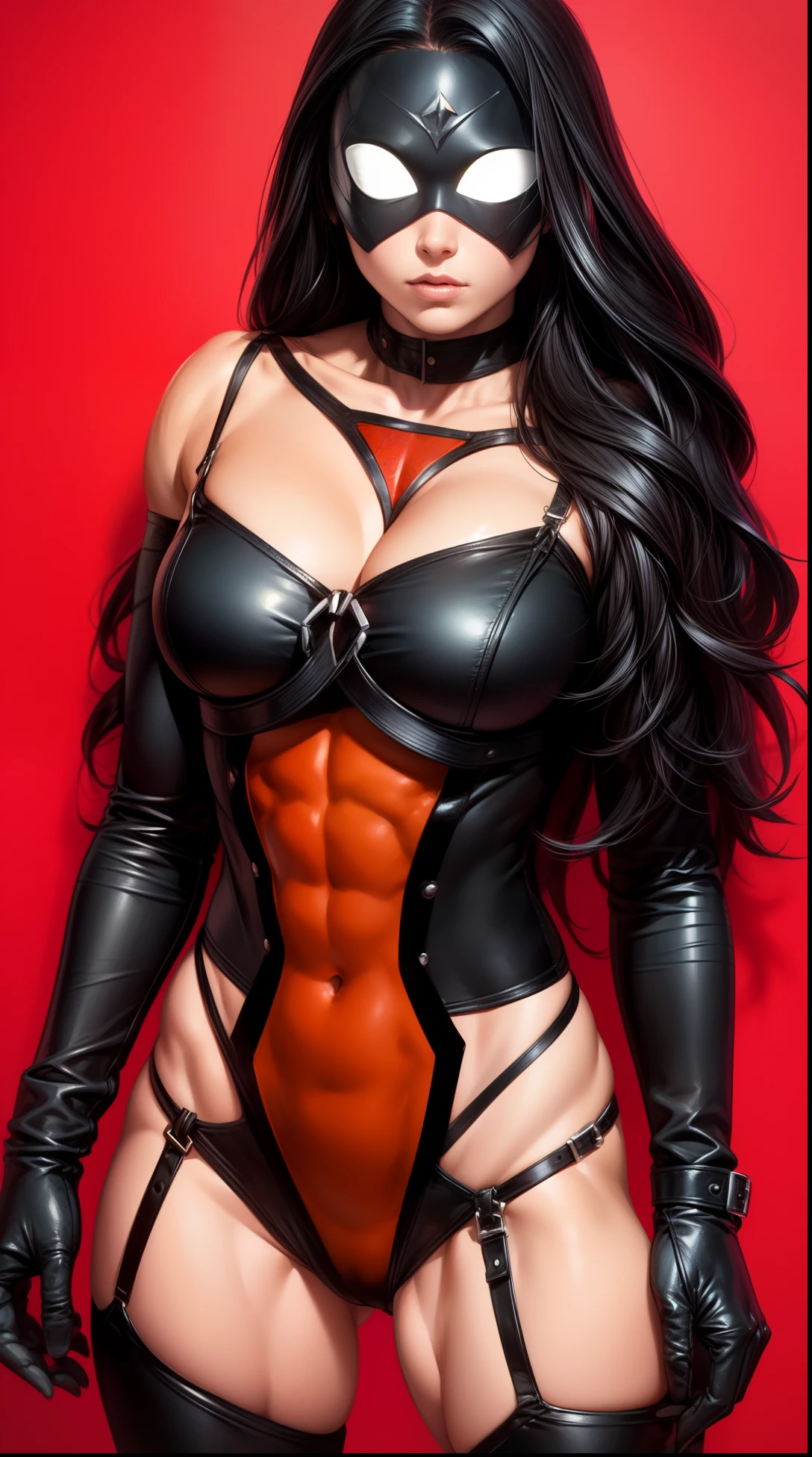 Obra maestra, La mejor calidad:1.2), ((muscular:1.5)) ((hembra:1.5)),tetona,curva, ((mujer)), sexy, Grande_Tetas,(Pintura digital: 1.4), Una hermosa mujer con un disfraz de Spider-Woman, Frente al espectador, De pie en un edificio, Antecedentes urbanos, La mejor obra maestra, Muy alto detalle, realista, 8k,