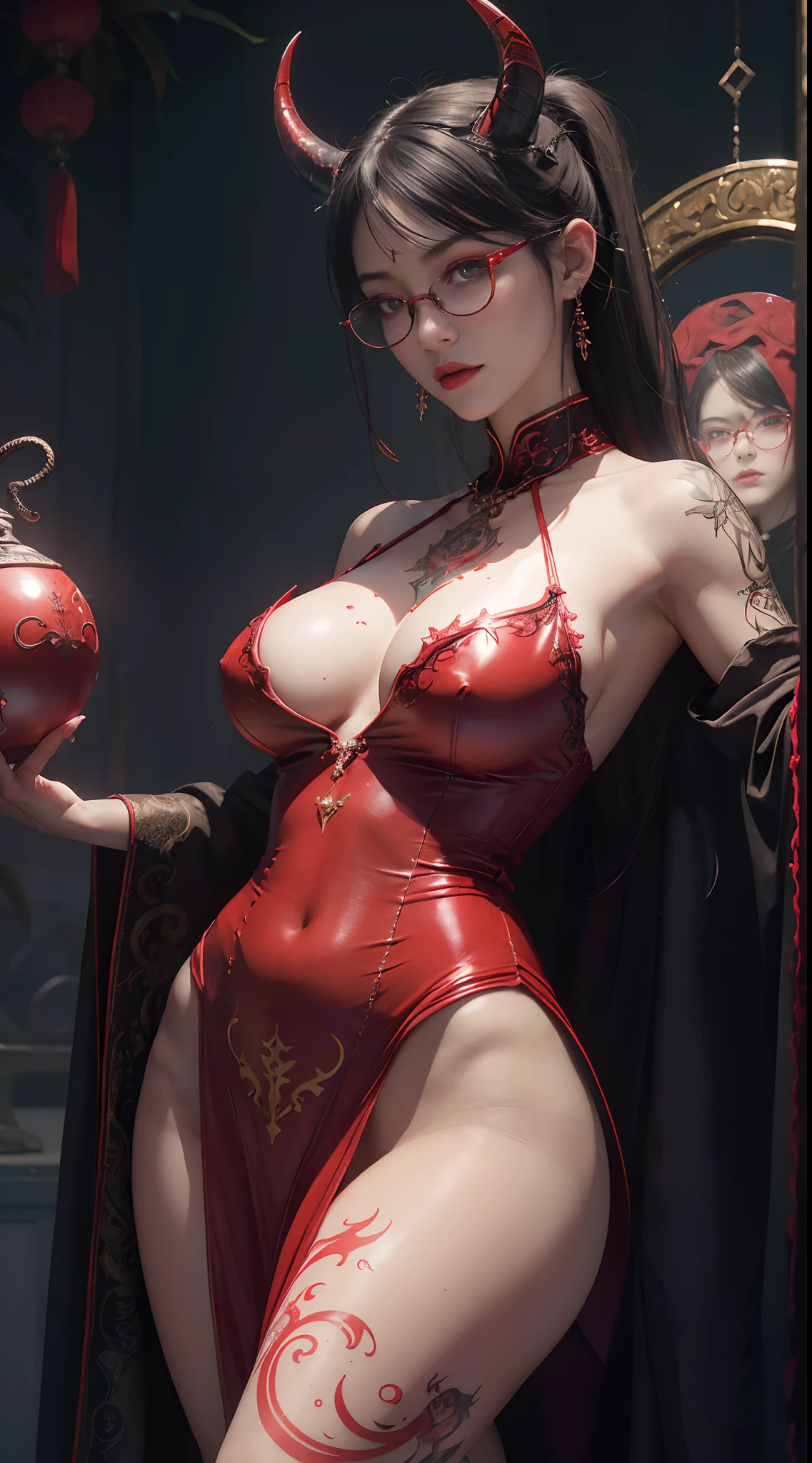 Fine、(The best illustrations)、8k UHD resolution、intricate-detail、top-quality、realisitic、ultra-detailliert、The best lighting、Best Shadows、Soft lighting、Ulutra HD、1 beautiful devil woman from hell, surreal female portraits by David Hockney and Alphonse Mucha, Portrait of a seductive woman、Fantasy Art, Chinese Doll、Dungeon、The dragon、Devil's Palace、Devil's Torture Chamber、magia、 Evil Nun、Dark Necromancer、natta、Dark style、Succubus、Devil's Daughter、Umi Shinonome、Bat Wings,(((Demon Horns)))、((((black-rimmed round glasses))))、(((Colossal tits)))、(Devil's Tail)、(red eyes glowing:1.6)、 intricate tattoos, demonic intricate tattoos, thigh tattoos, body tattoos, masterpiece、beautiful countenance、a baby face、Muscular seductive body、The enchanting body of the devil、Chinese actress、Seductive Black Magic Costume、(((A shiny red snake is wrapped around her body)))、Tindall Effect、photos realistic、(High Detail Skins:1.2)、 (Intricate details, makeup, pureerosface_v1:0.5), (Detailed beautiful delicate face, Detailed beautiful delicate eyes, A perfectly proportioned face, High detailed skin, Detailed skin, best ratio four finger and one thumb, arms below breasts, Tattoo with a red glow under the stomach、Awesome awesome, wide hips, smooth midriff, skiny and thin, __Fashion__, __hair__:1.25)、Digital SLR、hightquality、a picture、hight resolution、 absurderes、Ponytail distortion、1人、Red sparkling gemstone necklace、jewely、Beautiful expression、Body Up、Large breasts emphasis、Toned waist、Wide buttocks、Devil's Tail、intricate tattoos, demonic intricate tattoos, thigh tattoos, body tattoos, effect、Photorealsitic、(High Detail Skins:1.2)、In the Dark, lowkey, cowboy lens, (red phoenix dress: 1.0), Seductive Black Magic Costume、Long hair, Black hair, Bust, Devil's Palace, devil crown, red eyes make up very sharp and detailed, The most beautiful face, Super tight breasts, Breast augmentation surgery, The breasts are very big and round and round, Black magic costume、Super realistic , Charming smile,a baby face、 The eyes