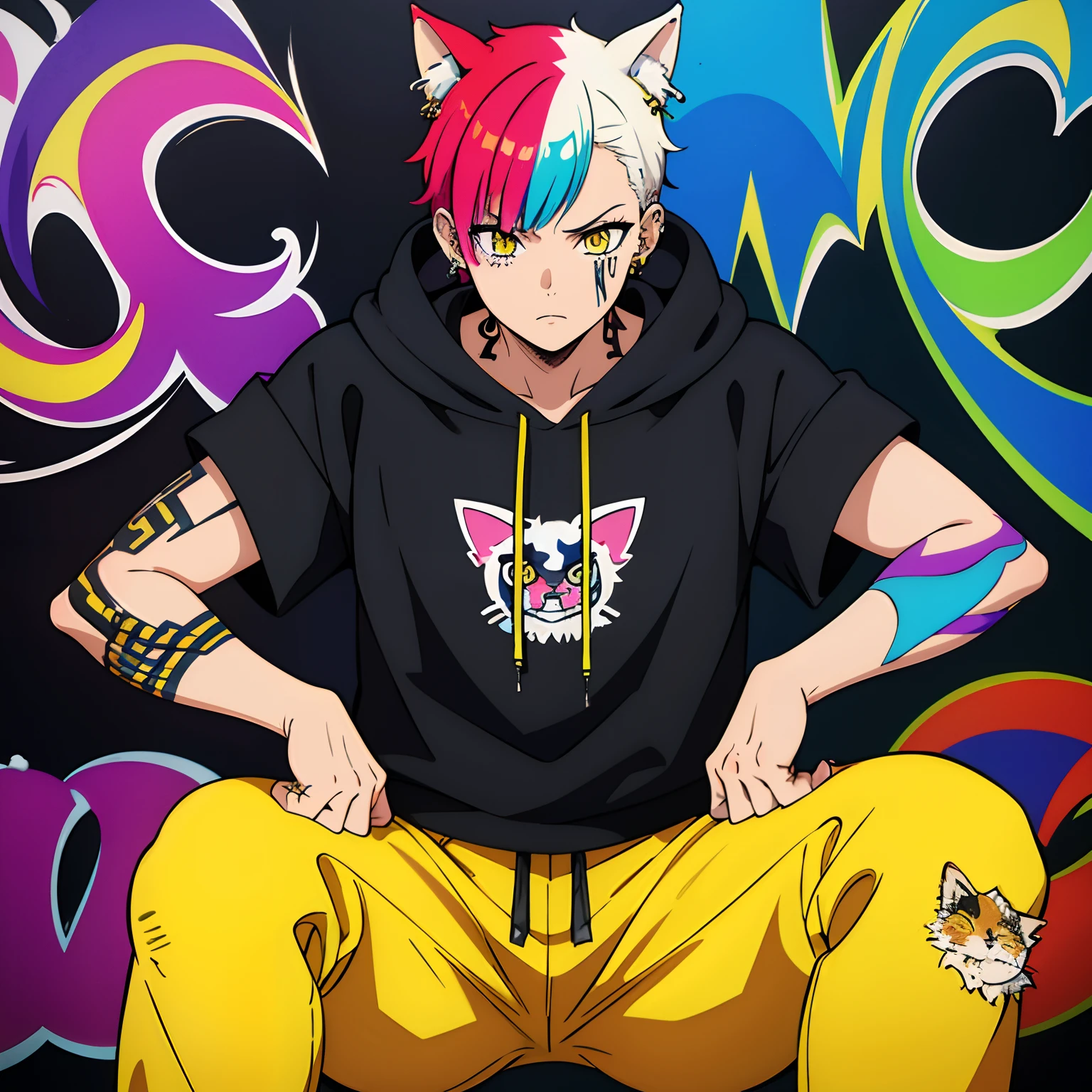 A cool and trendy cat, rainbow colored hair, yellow eyes, wearing trendy hip hop clothing, wearing a hoodie, graphic t-shirt and torn jeans, tons of tattoos and piercings, graffiti style background, highly detailed background, perfect masterpiece, high quality, high resolution