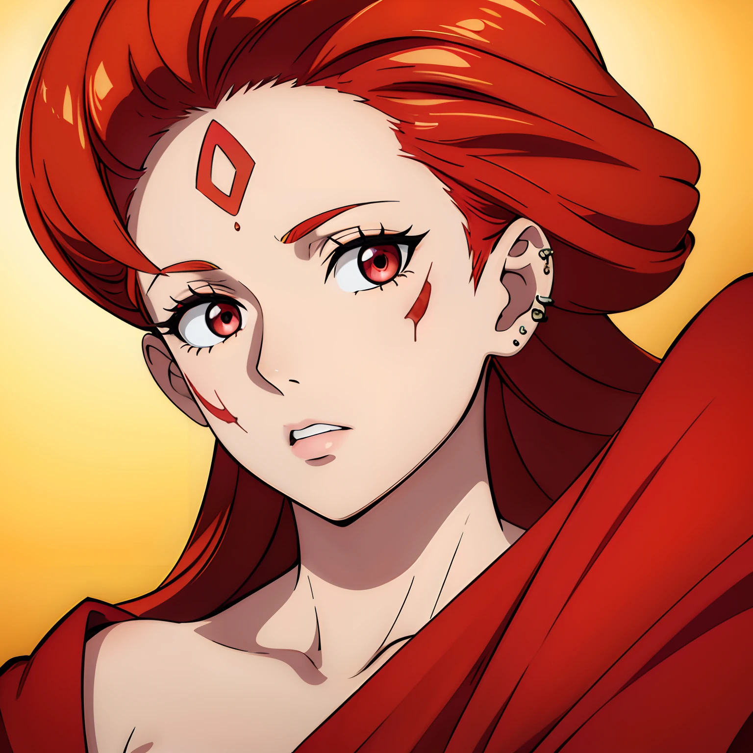 Mature anime woman, crimson hair, yellow eyes, hair in bun, pearls in hair, red Victorian dress, gold eyeshadow, glossy lips, long eyelashes