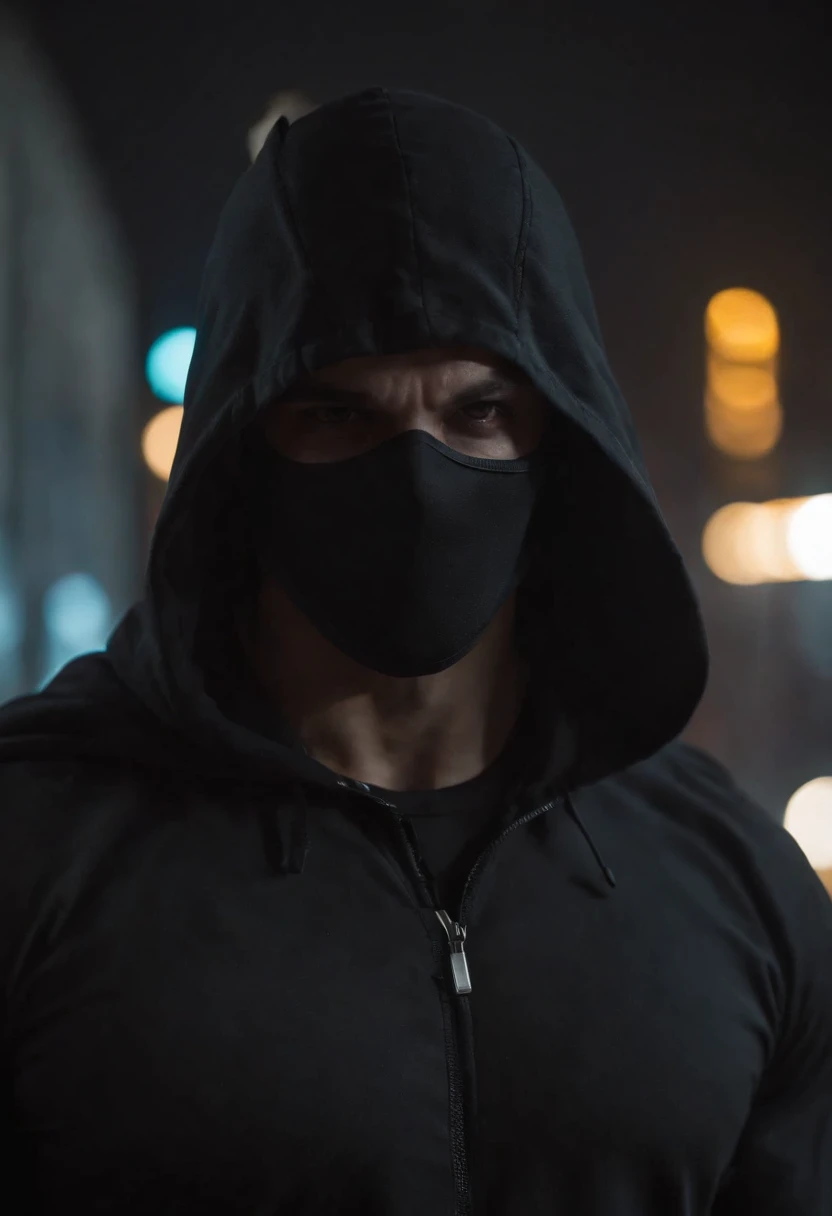 Superhero standing with the hood down, revealing his mask in a modern criminal world, realistic style, Artistation, Meticulous details, Located in streets, night time