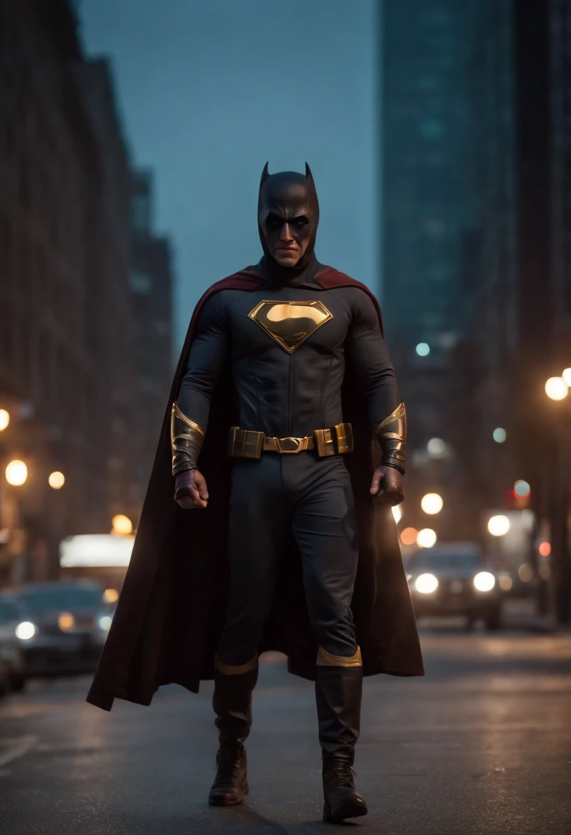 Superhero standing with the hood down, revealing his mask in a modern criminal world, realistic style, Artistation, Meticulous details, Located in streets, night time