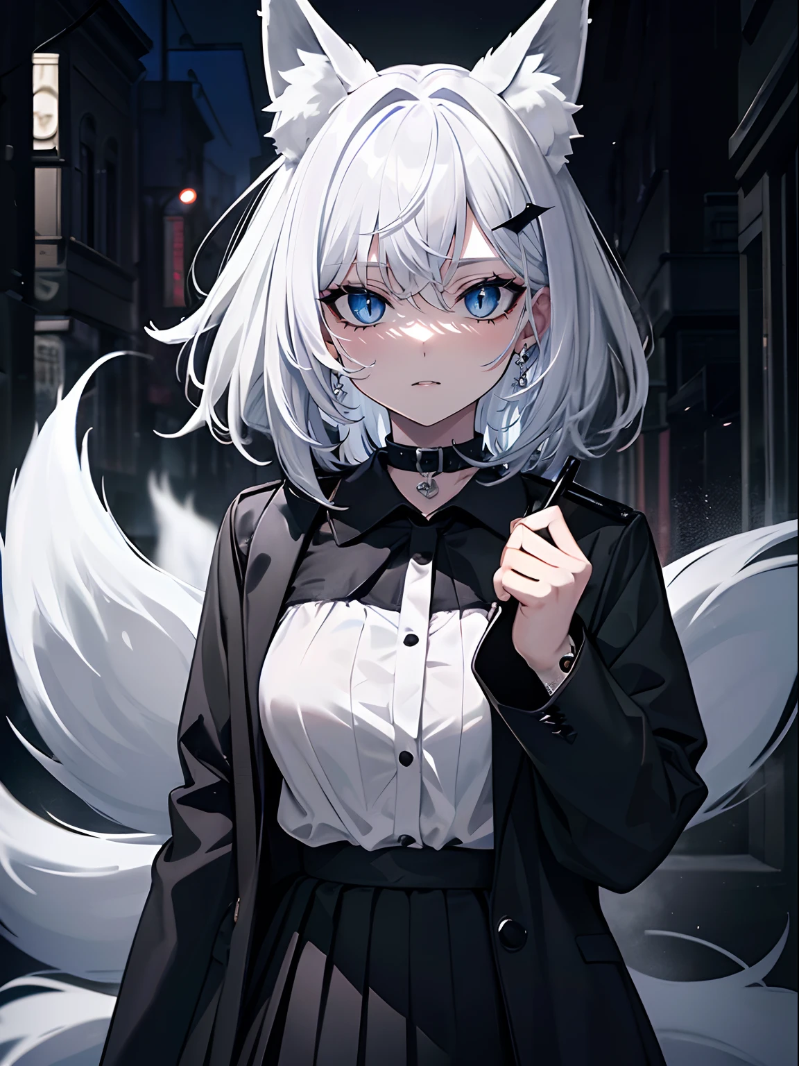 (masterpiece,best quality,ultra-detailed),1girl,dark black skirt,black jacket, choker,short hair,white hair,thick hair,black lipstick,messy hair,messy hairstyle,uneven hair,(fox ears),beautiful eyes,in a street, night,(grey theme),(pastel colors theme),looking at viewer