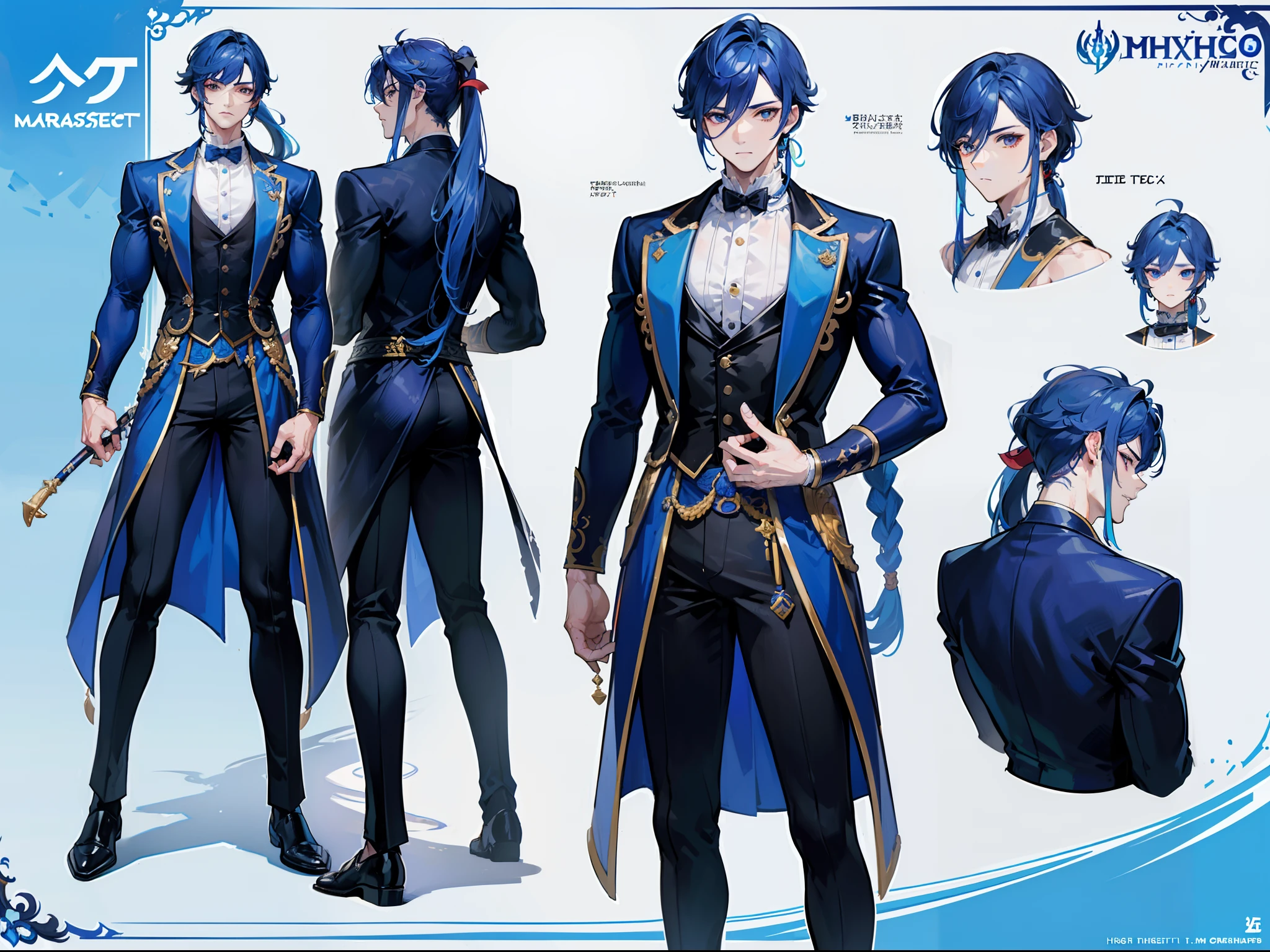 ((Masterpiece, Highest quality)), Male, boy, Detailed face, character design sheet， full bodyesbian, Full of details, frontal body view, back body view, Highly detailed, Depth, Many parts, Muscle boy with ponytail long blue hair，handsome man, muscle body, vampire outfit clothes, Genshin Impact, man tall,