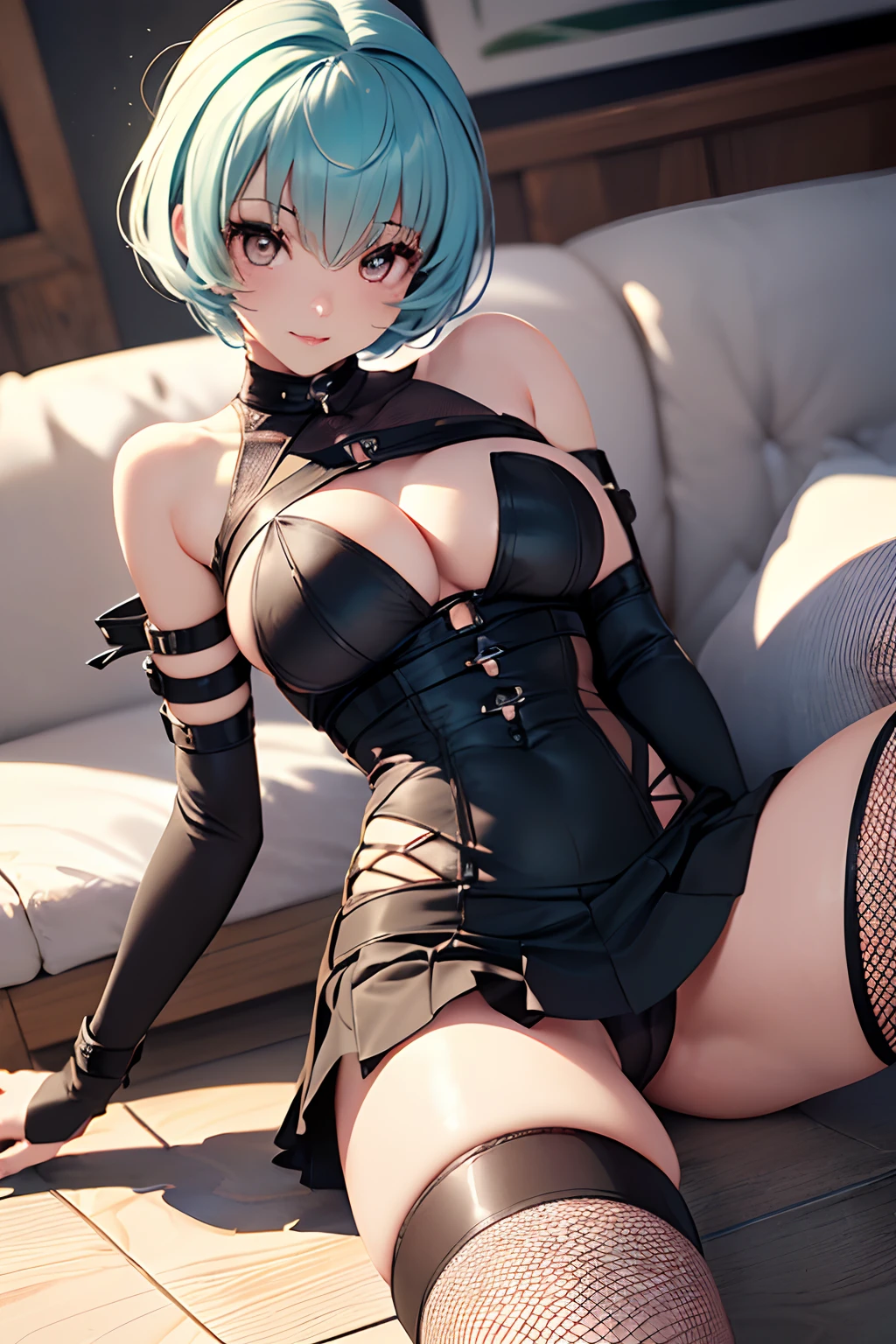 统一 8k 壁纸, portrait of a full body,Use many light particle filters for the background,((8k,Raw photography,top-quality,hight resolution,Ray tracing,nffsw,Best Quality,Textured,Post-processing,portlate.3D,),(( skirt by the, ,Leather luster 3.0,Metaru Bondage)),Cute girls in Japan anime,evangerion,Rei Ayanami,Short blue hair,Big breasts that emphasize cleavage:2.0,Thin leg,Brown eyes,Elaborate limb representation,a small nose,Have a perfect body))((Limbs are2One,Number of fingers5Accurately depicted in the book、Hands are lightly clasped,Complex fishnet stockings,pin heels,fishnet tights)),((tthin eyebrows,long eyelashes,smil,二重まぶた,Vibrant eyes,)),No title required,Do not wear anything on your shoulders,Create beautiful light effects on the background,Light Particle Filter,(finerly detailed face:1.4),(masterpiece:1.4),(top-quality:1.4), (kawaii:1.4),Beautiful fine skin,((tthin eyebrows,long eyelashes,smil,二重まぶた,red lipsticks,Thin eyeliner,Plump lips)),No title required,Do not wear anything on your shoulders,(((Sit on the couch and spread your legs,Representing a woman from below with a low-angle shot,Woman looking down and looking at floor,)))
