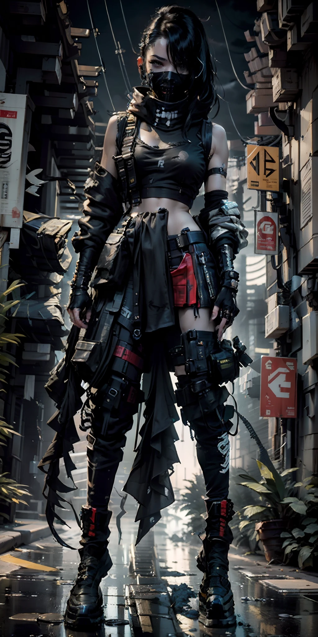 ((Best quality)), ((masterpiece)), (highly detailed:1.3), 3D, beautiful (cyberpunk:1.3) street samurai woman with thick shapeless hair, pistols worn on hips, cinematic lighting, depth of field, night scene.