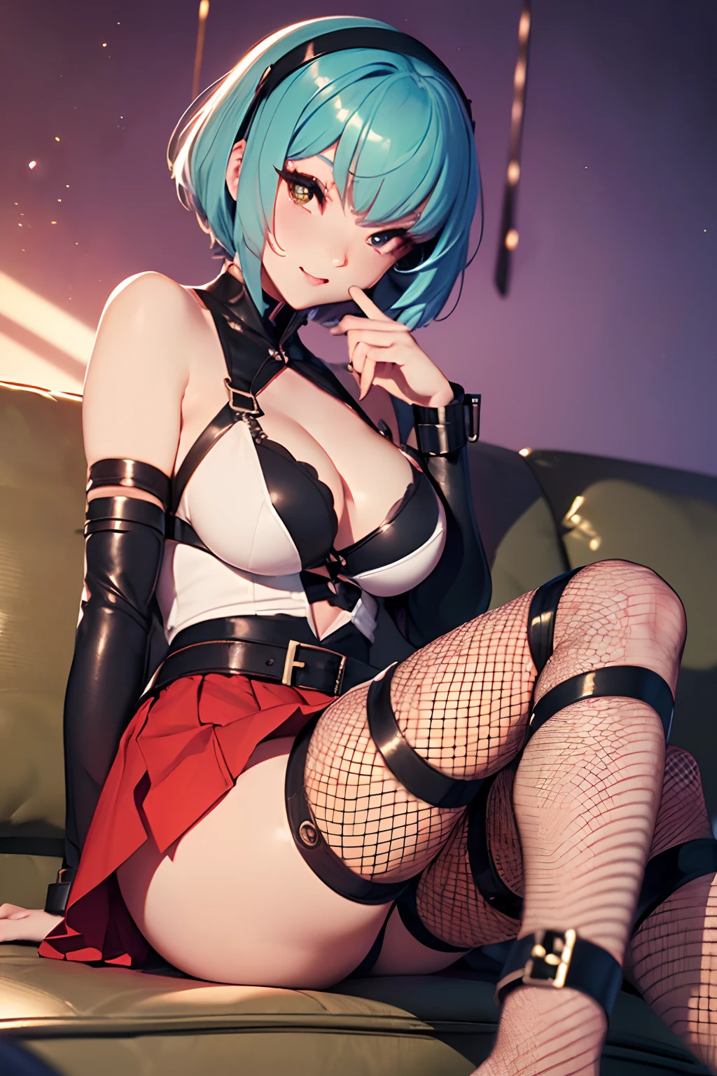 统一 8k 壁纸, portrait of a full body，Use many light particle filters for the background，((８ｋ,Raw photography,top-quality,hight resolution,Ray tracing,nffsw,Best Quality,Textured,Post-processing,portlate.3D,),(( skirt by the, ,Leather luster 3.0,Metaru Bondage)),Cute girls in Japan anime,evangerion,Rei Ayanami,Short blue hair,Big breasts that emphasize cleavage:2.0,Thin leg,Brown eyes,Elaborate limb representation,a small nose,Have a perfect body))((Limbs are２One,Number of fingers５Accurately depicted in the book、Hands are lightly clasped,Complex fishnet stockings,pin heels,fishnet tights)),((tthin eyebrows,long eyelashes,smil,二重まぶた,Vibrant eyes，)),No title required,Do not wear anything on your shoulders,Create beautiful light effects on the background,Light Particle Filter,(finerly detailed face:1.4),(​masterpiece:1.4),(top-quality:1.4), (kawaii:1.4),Beautiful fine skin,((tthin eyebrows,long eyelashes,smil,二重まぶた,red lipsticks,Thin eyeliner,Plump lips)),No title required,Do not wear anything on your shoulders,(((Sit on the couch and spread your legs,Representing a woman from below with a low-angle shot,Woman looking down and looking at floor,)))