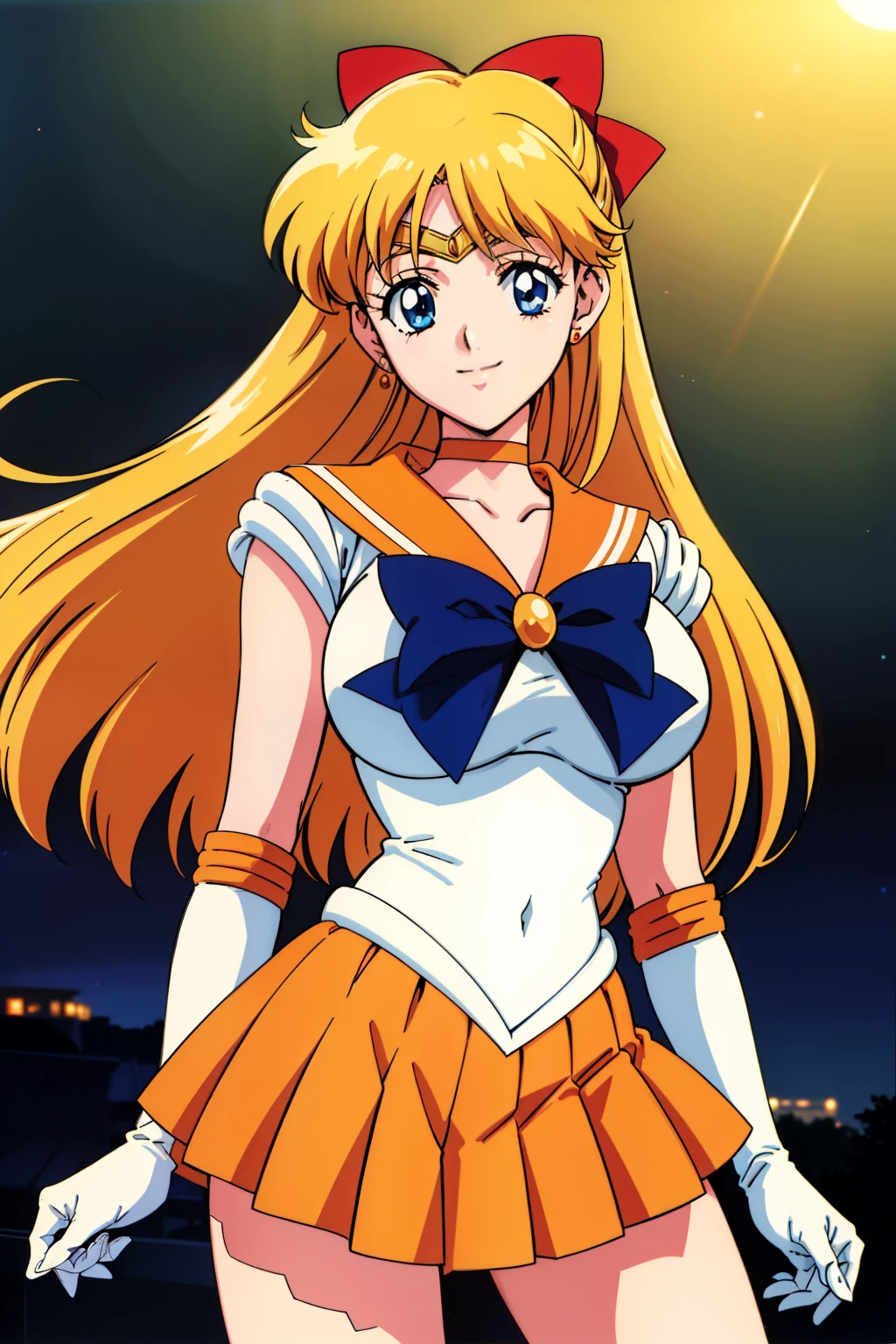 1990s anime cels style, Best Quality, High resolution, large breasts, sv1, sailor senshi uniform, orange skirt, elbow gloves, tiara, pleated skirt, orange sailor collar, red bow, orange choker, white gloves, jewelry, smile, night