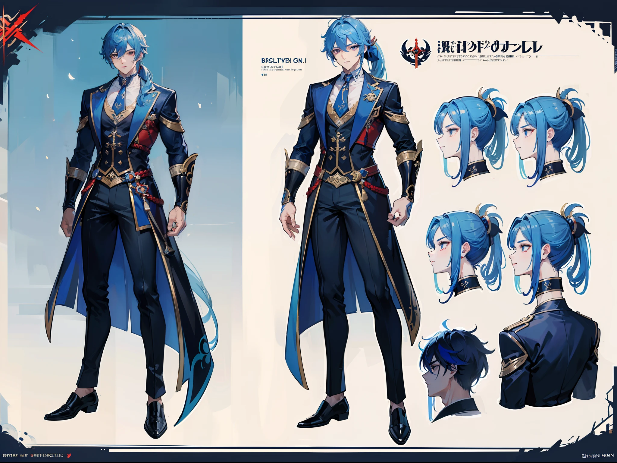 ((Masterpiece, Highest quality)), Male, boy, Detailed face, character design sheet, full bodyesbian, Full of details, frontal body view, back body view, Highly detailed, Depth, Many parts, Muscle boy with ponytail long blue hair,handsome man, muscle body, vampire outfit clothes, Genshin Impact, man tall,