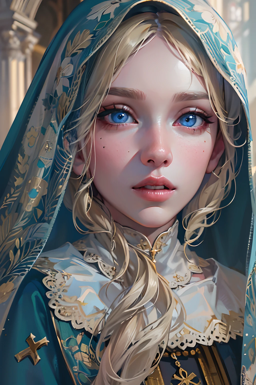 (best quality,4k,8k,highres,masterpiece:1.2),ultra-detailed,realistic,beautiful detailed blue eyes,beautiful detailed lips,extremely detailed face,long hair,1girl,beautiful blonde girl,wearing a nun's outfit,cute,attractive,church, retrato, detailed eyes