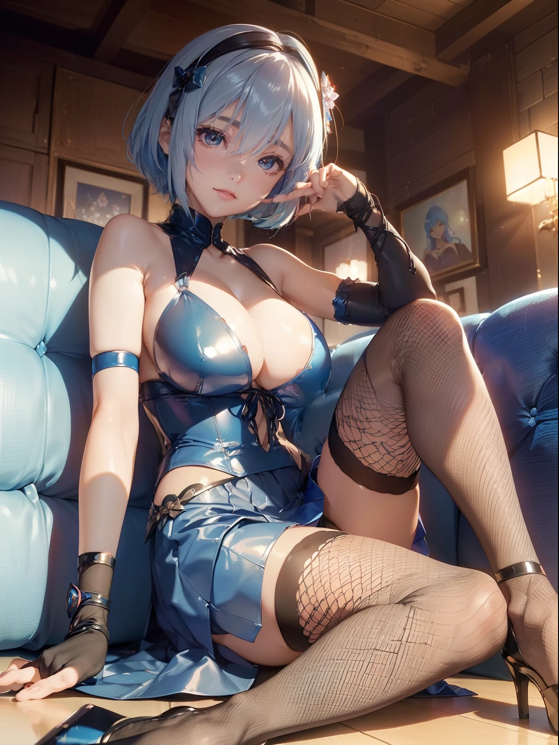 统一 8k 壁纸, portrait of a full body,Use many light particle filters for the background,((8k,Raw photography,top-quality,hight resolution,Ray tracing,nffsw,Best Quality,Textured,Post-processing,portlate.3D,),(( skirt by the, ,Blue Leather Gloss 3.0,Blue bondage)),Cute girls in Japan anime,evangerion,Rei Ayanami,Short blue hair,Big breasts that emphasize cleavage:2.0,Thin leg,Brown eyes,Elaborate limb representation,a small nose,Have a perfect body))((Limbs are2One,Number of fingers5Accurately depicted in the book、Hands are lightly clasped,Complex fishnet stockings,pin heels,fishnet tights)),((tthin eyebrows,long eyelashes,smil,二重まぶた,Vibrant eyes,)),No title required,Do not wear anything on your shoulders,Create beautiful light effects on the background,Light Particle Filter,(finerly detailed face:1.4),(masterpiece:1.4),(top-quality:1.4), (kawaii:1.4),Beautiful fine skin,((tthin eyebrows,long eyelashes,smil,二重まぶた,red lipsticks,Thin eyeliner,Plump lips)),No title required,Do not wear anything on your shoulders,(((Sit on the couch and spread your legs,Representing a woman from below with a low-angle shot,Woman looking down and looking at floor,)))