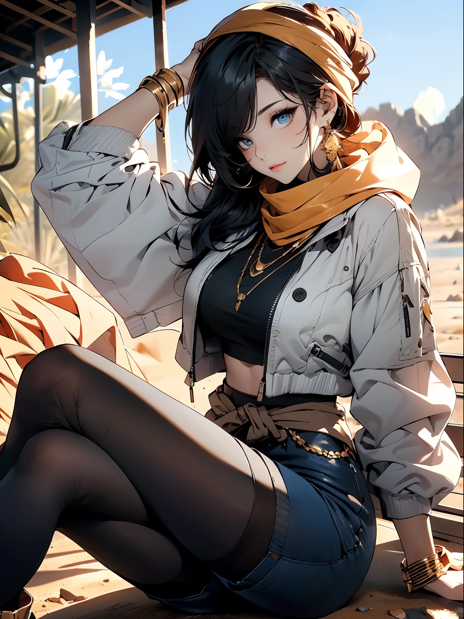 a matured woman with long black hair and a white outfit, ((in a desert:1.5)), (resting in oasis:1.2, at lakeside:1.2, sitting cross-legged:1.0, with Indian style), Arabic, (Post apocalyptic:1.0), from arknights, artwork in the style of guweiz, bodyesbian, fine details. girls frontline, beautiful anime illustration, from girls frontline, by Yang J, stunning, 26 years old, (solo:1.5), (sfw:1.25), sagging breast, large breasts, big tits, thin waist, big ass, Raised sexy, (dark mahogany medium short hair, updo, hair over one eye, asymmetric hair, Carly hair, low tied),(musulman, white Headscarfs, hair bands, head vandage, Turban), (ultra high resolution, 8K RAW photo, photo realistics, weak outline:1.3, clear focus), best qualtiy, natural lighting, blurry back ground, field depth, (Bright pupils, detailed beautiful eyes, high detailed face), Red lip, looking at viewers, (tight focus:1.2, from above), sexy posing, seductive weak smiling, center image, (wearing white long jacket and clothes, wearing denim short pants, gold ornaments, white clothes rolling around waist, camel-brown long leather boots, translucent lace pantyhose), ((correct anatomy:1.5)), ((outdoor:1.2)),
