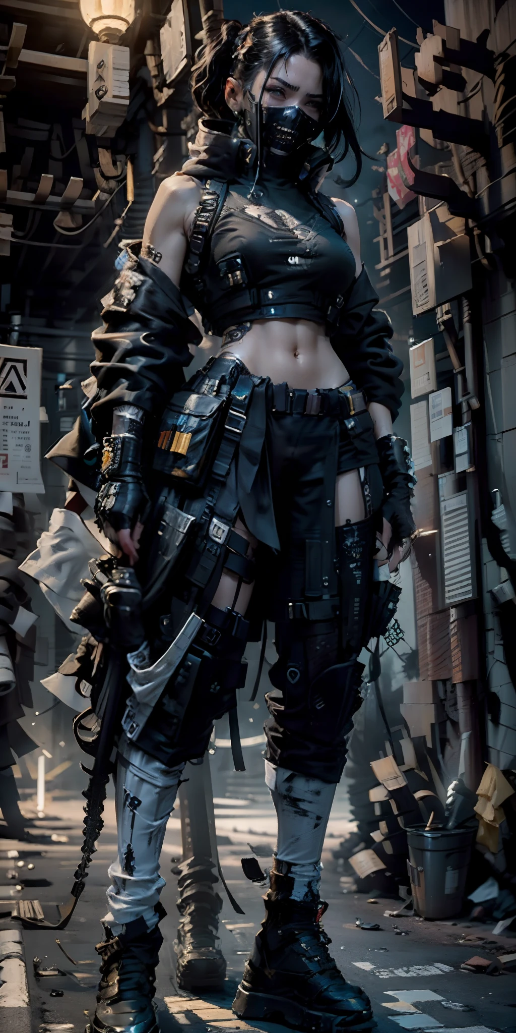 ((Best quality)), ((masterpiece)), (highly detailed:1.3), 3D, beautiful (cyberpunk:1.3) street samurai woman with thick shapeless hair, pistols worn on hips, cinematic lighting, depth of field, night scene.