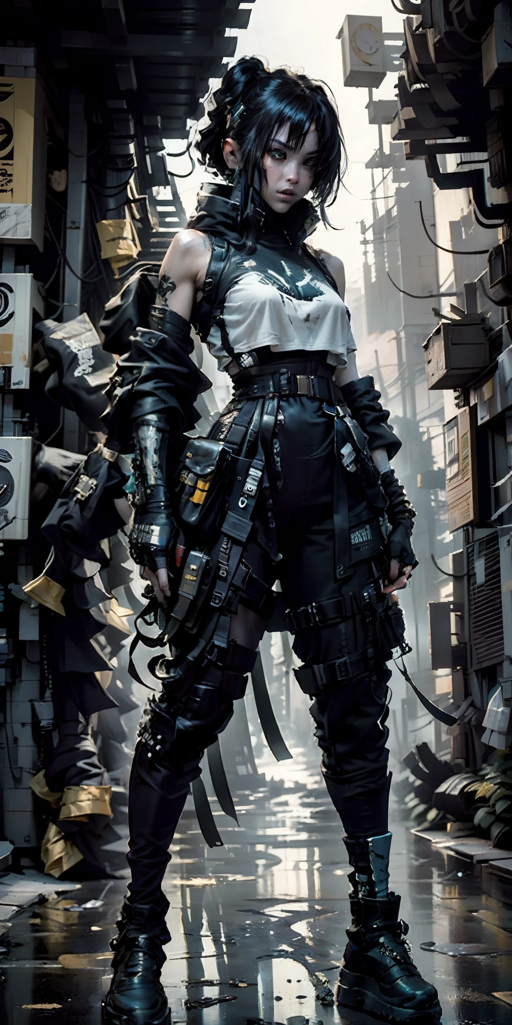 ((Best quality)), ((masterpiece)), (highly detailed:1.3), 3D, beautiful (cyberpunk:1.3) street samurai woman with thick shapeless hair, pistols worn on hips, cinematic lighting, depth of field, night scene.