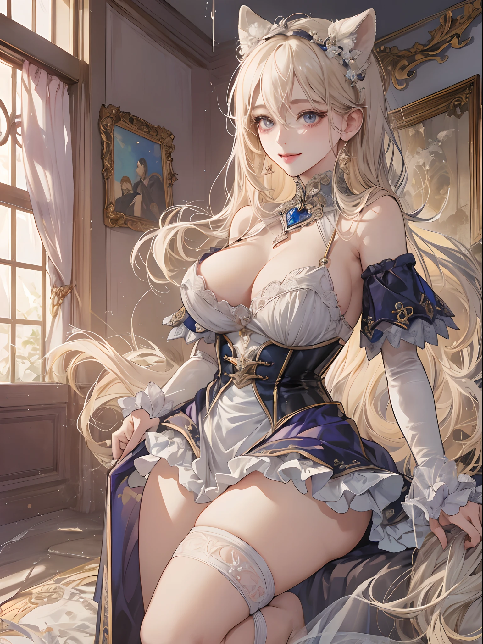 top-quality、Realistic、bule、large full breasts、Super huge、big eye、long lashes、Long upper eyelashes、voluminous eyelashes、Platinum Blonde Hair、Voluminous long hair、cute little、Extraordinary beauty、shining white skin、thighs thighs thighs thighs、thin arm、thin-waist、Big ass、Sensational poses、full body Esbian、Kamimei、Revealing costumes、submissive look、A smile、Flushed cheeks、Room with no lights、Sunlight shining through gaps、Eyes are hearts、Not wearing pants、Tremendously large breasts、Very short skirt