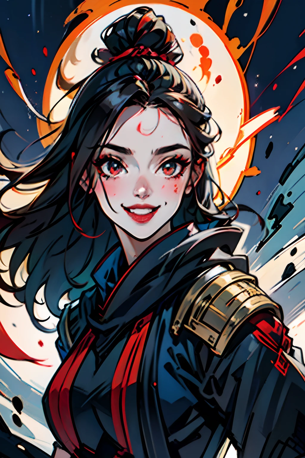1girl, cabelo voador, olhos vermelhos, Bruxa de Fogo, sangue no rosto, light particles, lightning bolts, papel de parede, colorido, alto contraste, Vampiro, Sorriso, sorriso maligno, sorriso psicopata, psychopátic smile, bowed head