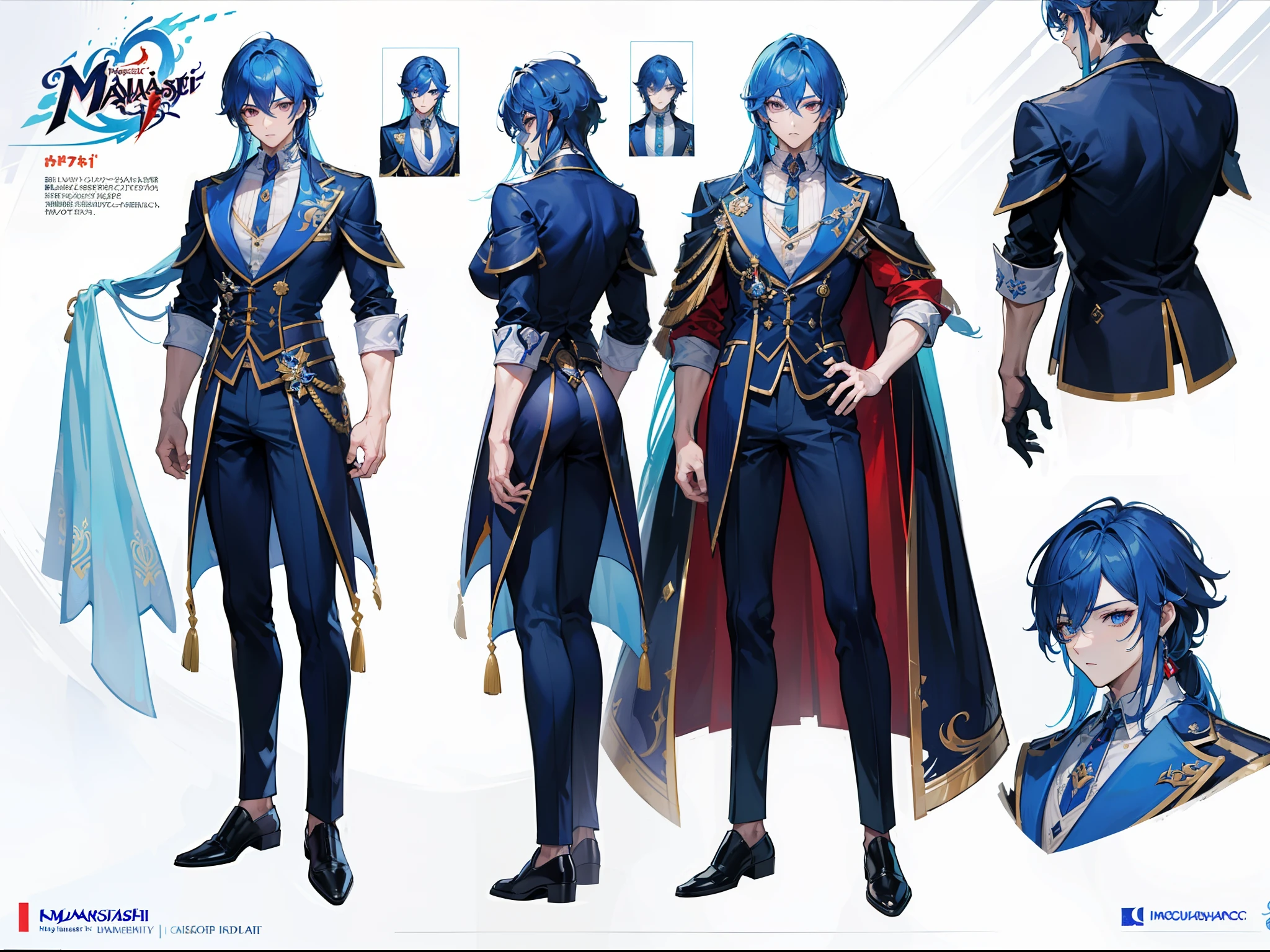 ((Masterpiece, Highest quality)), Male, boy, Detailed face, character design sheet, full bodyesbian, Full of details, frontal body view, back body view, Highly detailed, Depth, Many parts, Muscle boy with long blue hair with long bangs,handsome man, muscle body, vampire outfit clothes, Genshin Impact, man tall