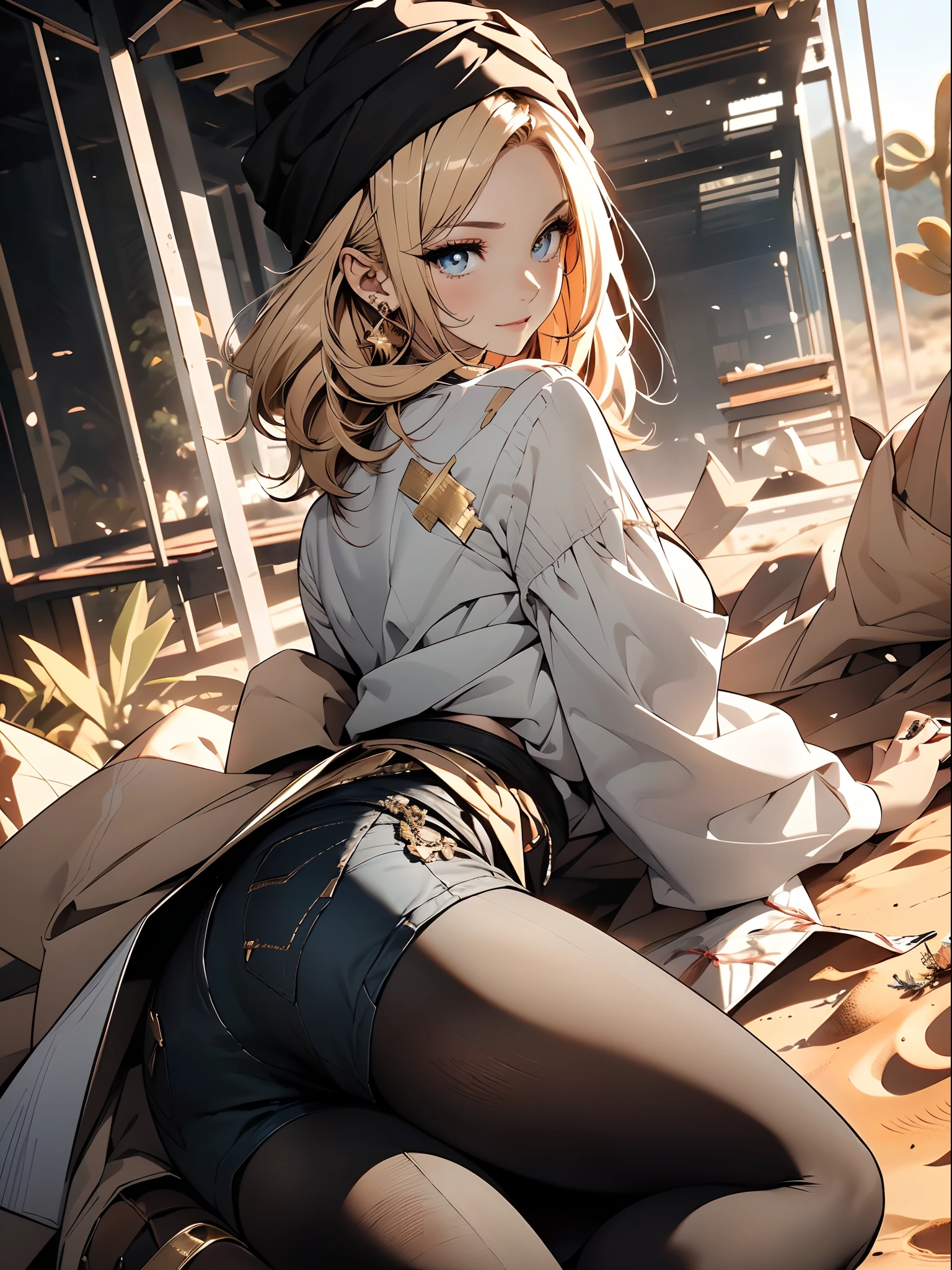 a matured woman with long black hair and a white outfit, ((in a desert:1.5)), (resting in oasis:1.2, at lakeside:1.2, sitting cross-legged:1.0, with Indian style), Arabic, (Post apocalyptic:1.0), from arknights, artwork in the style of guweiz, bodyesbian, fine details. girls frontline, beautiful anime illustration, from girls frontline, by Yang J, stunning, 26 years old, (solo:1.5), (sfw:1.25), sagging breast, large breasts, big tits, thin waist, big ass, Raised sexy, (dark mahogany medium short hair, updo, hair over one eye, asymmetric hair, Carly hair, low tied),(musulman, white Headscarfs, hair bands, head vandage, Turban), (ultra high resolution, 8K RAW photo, photo realistics, weak outline:1.3, clear focus), best qualtiy, natural lighting, blurry back ground, field depth, (Bright pupils, detailed beautiful eyes, high detailed face), Red lip, looking at viewers, (tight focus:1.2, from above), sexy posing, seductive weak smiling, center image, (wearing white long jacket and clothes, wearing denim short pants, gold ornaments, white clothes rolling around waist, camel-brown long leather boots, translucent lace pantyhose), ((correct anatomy:1.5)), ((outdoor:1.2)),