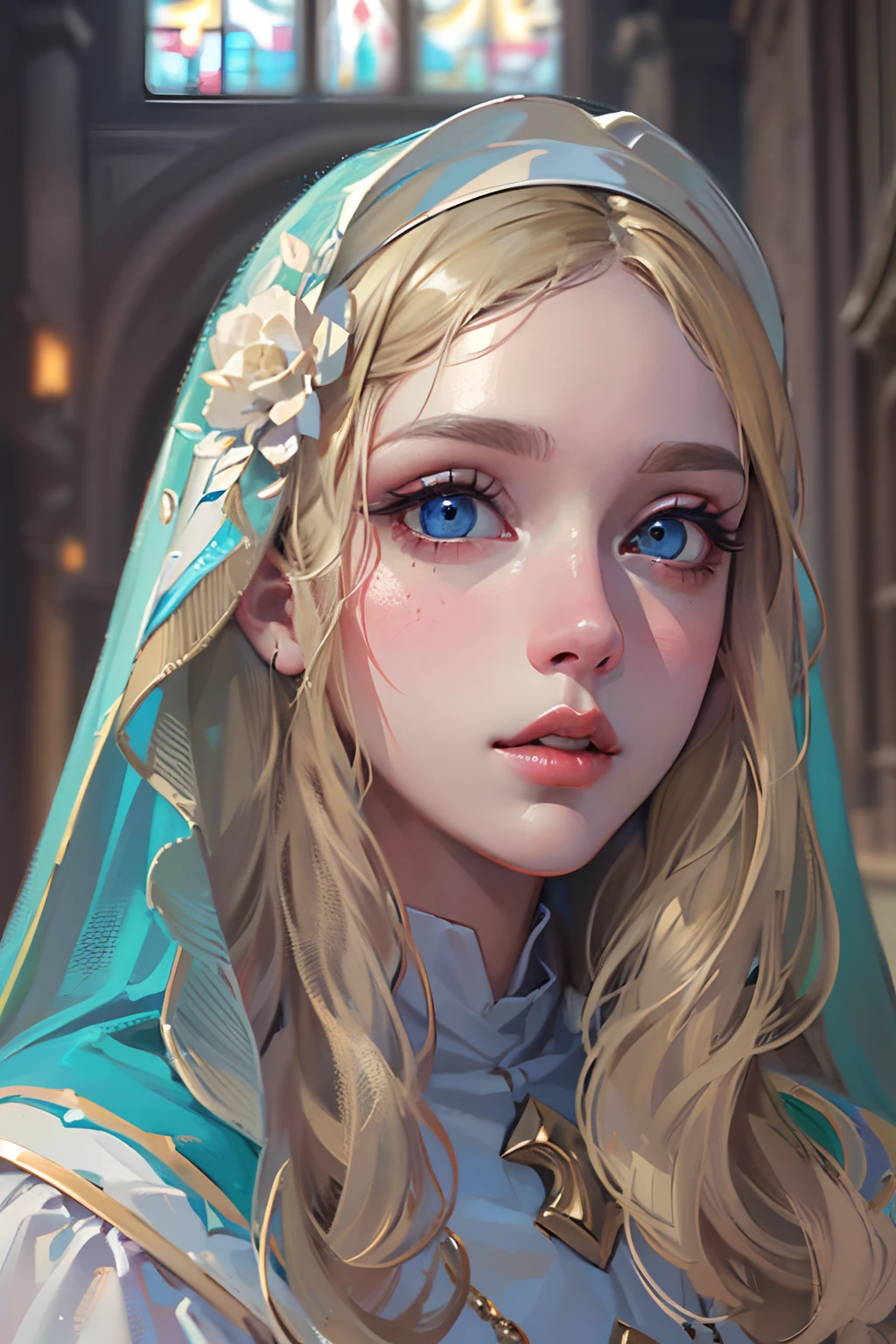 (best quality,4k,8k,highres,masterpiece:1.2),ultra-detailed,realistic,beautiful detailed blue eyes,beautiful detailed lips,extremely detailed face,long hair,1girl,beautiful blonde girl,wearing a nun's outfit,cute,attractive,church, retrato, detailed eyes