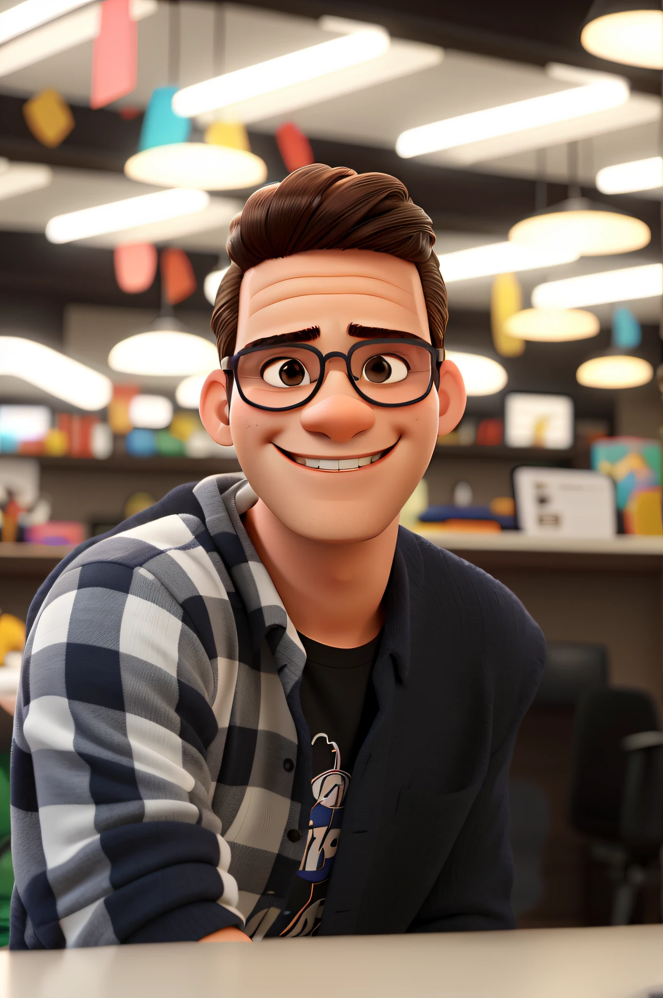 Homen Branco com penteado topete, Wearing glasses and a beautiful smile, estilo pixar
