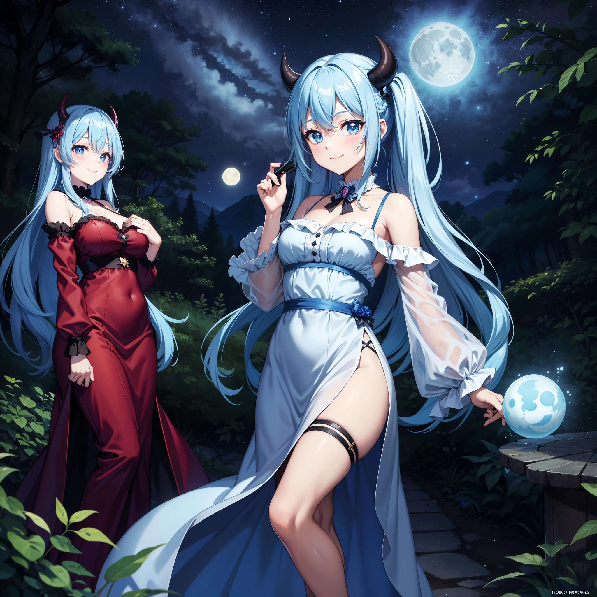 In the forest on Halloween　Super Idol　Devil Beautiful Girl　A charming smile　sky blue hair　length hair　Twin-tailed　Devil's Long Dress　a moon　starrysky