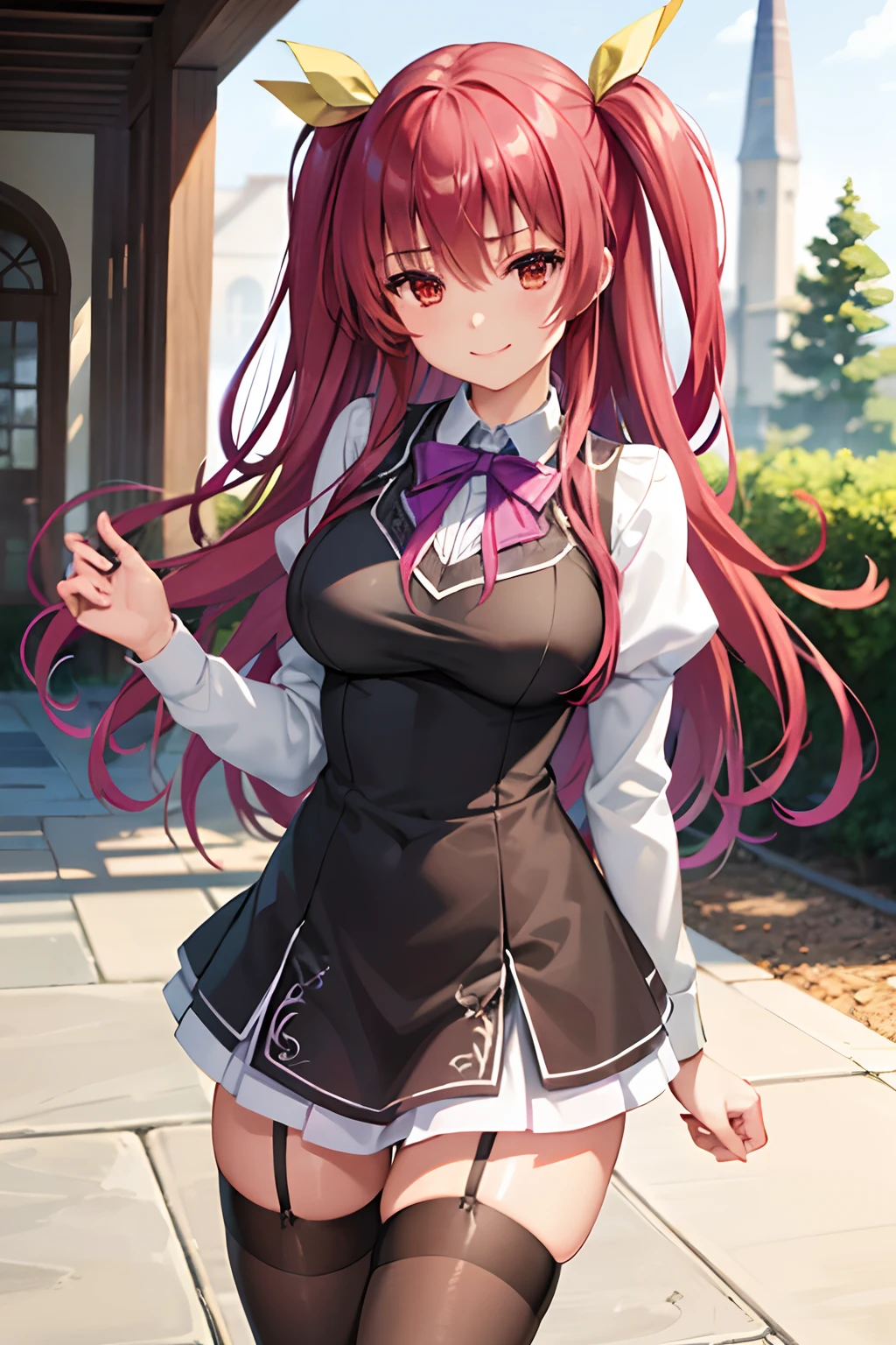 ​masterpiece、top-quality、1 girl in、Stella Vermillion、校服、garter strap、black thighhighs、self-assured、Smiling school courtyard、is standing、cowboy  shot、a smile