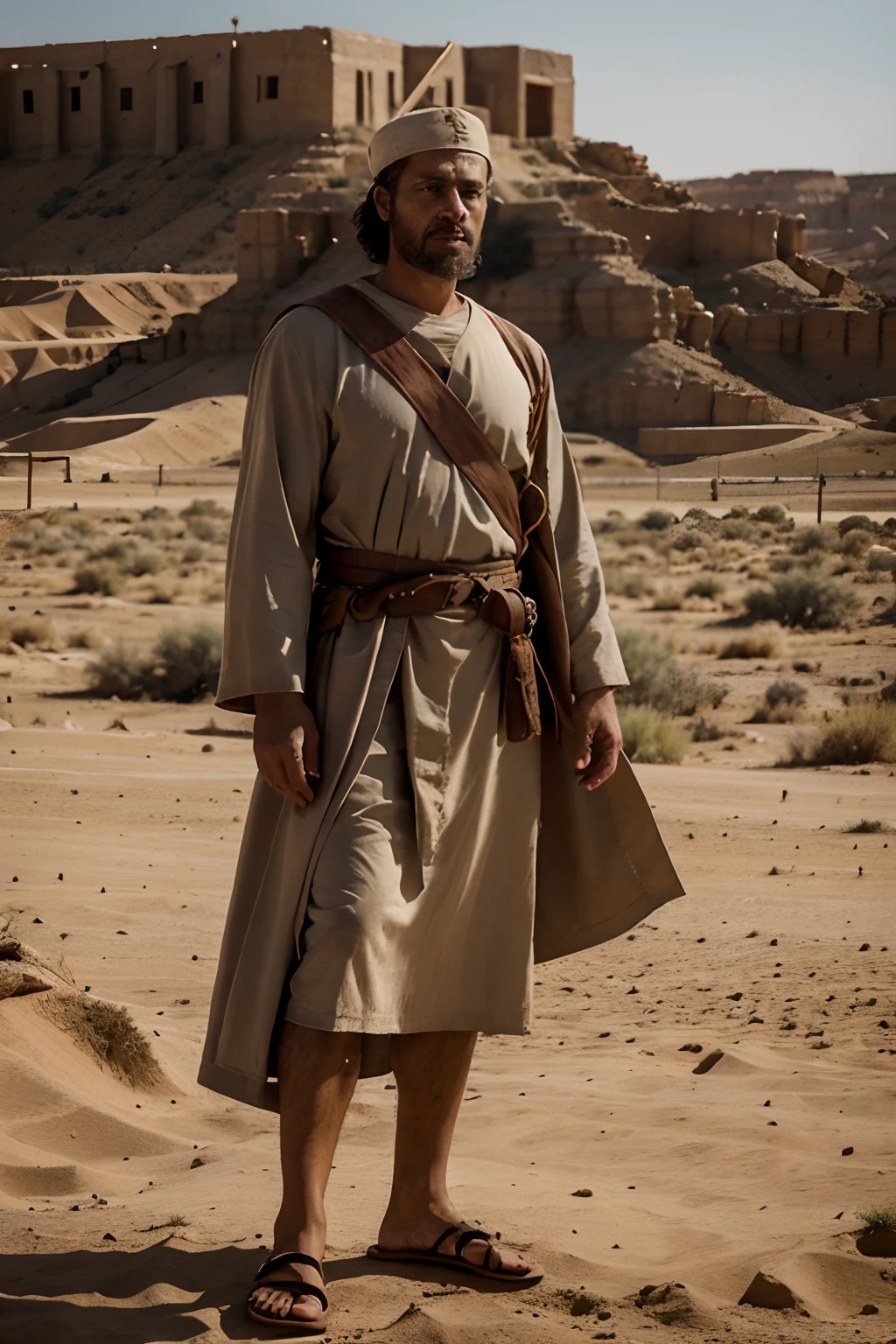 In biblical times, during an era that evokes the setting of the Old Testament, envision Job, a man of faith and righteousness, amid a desolate, arid landscape reminiscent of the desert of Israel in the early 1st century. age are standing at a distance, watching Job. Depict Job in full body, wearing clothing that characterizes the time, such as typical robes and sandals, as he faces a series of trials. Convey Job's emotions and resilience, highlighting his presence in this biblical and historical environment."