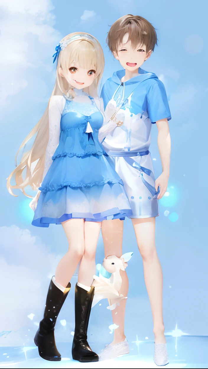 anime couple in blue dress and boots standing next to each other, lovely couple, couple pose, my dress up darling anime, !!full body portrait!!, summer sky, full body:: sunny weather::, icey blue dress, seasons!! : 🌸 ☀ 🍂 ❄, 🐿🍸🍋, blue clothes, light blue and white tones, lunar themed attire