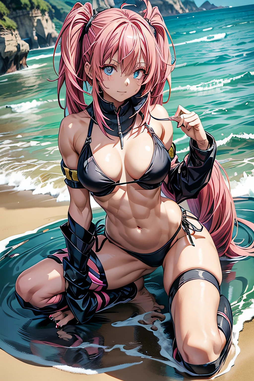 1Female, Tensei Shitara Slime Datta Ken(((Milim Nava))), Demon Lord King、Milim Nava's masterpiece body、High Quality Bikini Armor、Black bikini armor、Milim Accurate Face、(blue eyes) 、Evil Look、Pink Hair、Two Tailed、Proud Double Tails、Barefoot, Medium Feet, Ultra Quality Rounded Toes, Ultra Detailed, Rounded Nails Painted in Black Polish, Ultra Detailed、Medium Breasts, (((full body photo)) ), (((muscular belly))), on the beach, (((Ultra-detailed and realistic muscular legs))), Ultra Detailed Face, perfect scenery