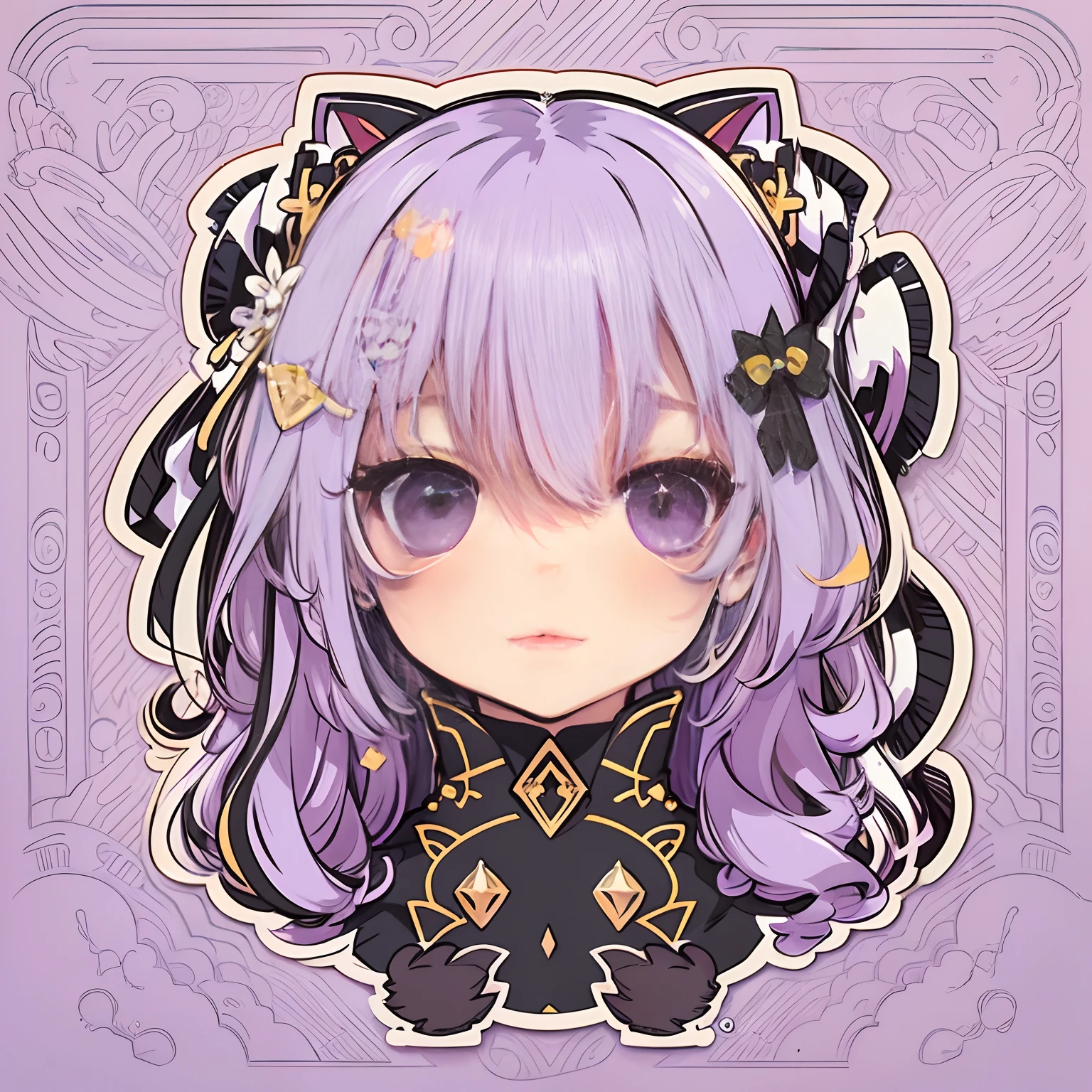 a sticker, Dignified anime girl head, Long straight twin-tailed hairstyle,Pink eyes，pouty，Black Dress，Black Princess Dresses，There is only one black cat，In a circle, White background, Gold-rimmed，It features a simple, ultra-detailliert, Detailed drawing, vectorized, silhuette, 8K, professional sticker design, Flat design, Vector lines, a sticker, Drawing, Drawing, Full-HD，bow ribbon，light purple hair
