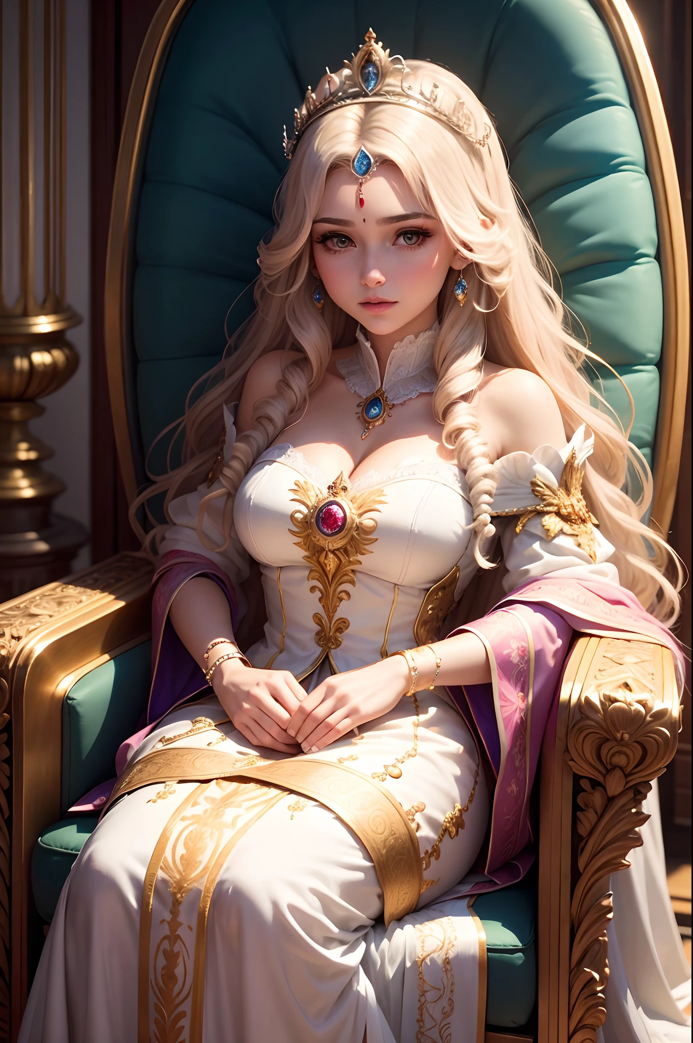 "Gere uma imagem de uma princesa adulta, digna e majestosa. Ela tem um semblante sereno e confiante, as one who is destined to rule wisely. Seus cabelos longos caem em cachos suaves, adornados por uma tiara real que cintila com pedras preciosas. Ela usa um vestido deslumbrante que reluz em tons de cores reais, With lace details and embroidery that show your elegance and status. The princess is in a richly decorated throne room, with tall pillars and luxurious tapestries that enhance your presence. A luz do sol entra pelas janelas, iluminando-a e destacando seu ar majestoso. Posiciona-se de forma imponente, ready to do her royal duty with grace and power."