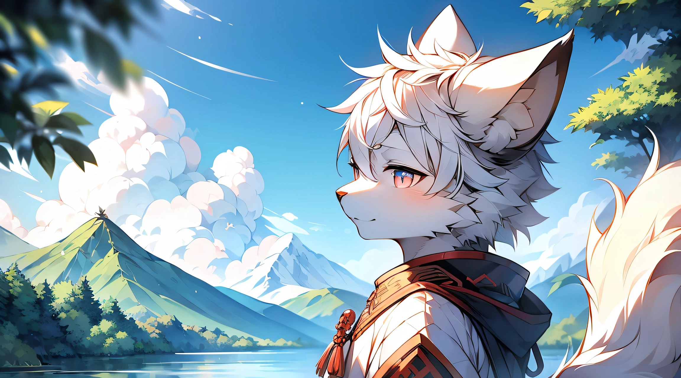 (tmasterpiece,A high resolution,8K horizontal board wallpaper,Traditional chinese painting:1.1),(Ink danqing,Black and white tones outdoors:1.4),A fluffy white fox in an ink landscape painting,(male,Beast too,cat ear:1.1),(solo person,sideface,Look:1.2),cub,multicolored hair,(Shiny golden pupils:1.1),((Hanfu,Chinese-style clothing,water ink,National style)),Fluffy tail,((Extremely fine hair,Detailed double eyes)),(simple backgound,Far Mountain:1.1)