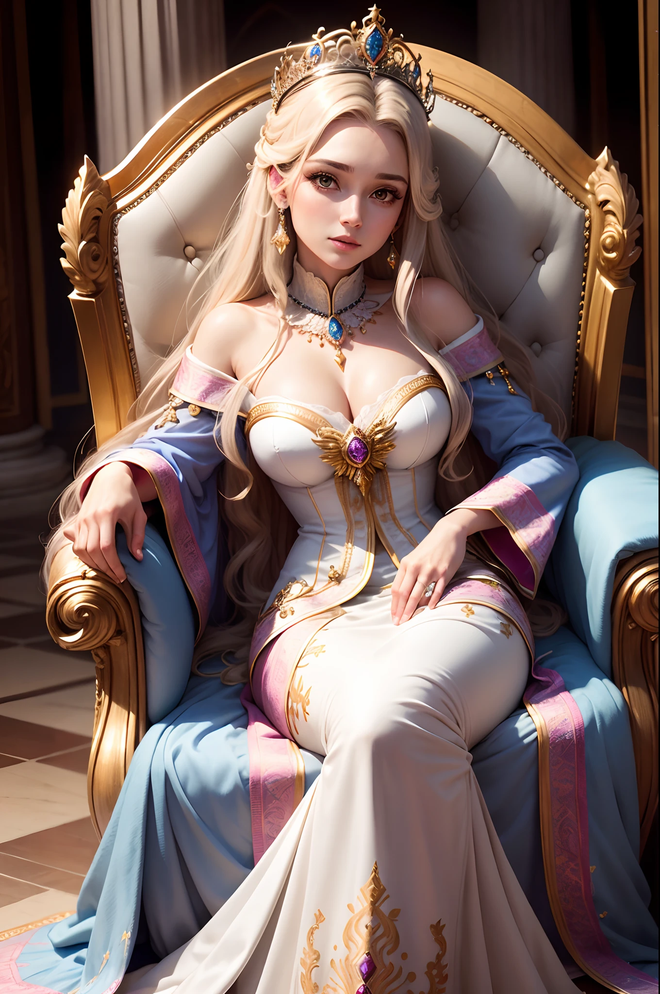 "Gere uma imagem de uma princesa adulta, digna e majestosa. Ela tem um semblante sereno e confiante, as one who is destined to rule wisely. Seus cabelos longos caem em cachos suaves, adornados por uma tiara real que cintila com pedras preciosas. Ela usa um vestido deslumbrante que reluz em tons de cores reais, With lace details and embroidery that show your elegance and status. The princess is in a richly decorated throne room, with tall pillars and luxurious tapestries that enhance your presence. A luz do sol entra pelas janelas, iluminando-a e destacando seu ar majestoso. Posicione-se de forma imponente, ready to do her royal duty with grace and power."