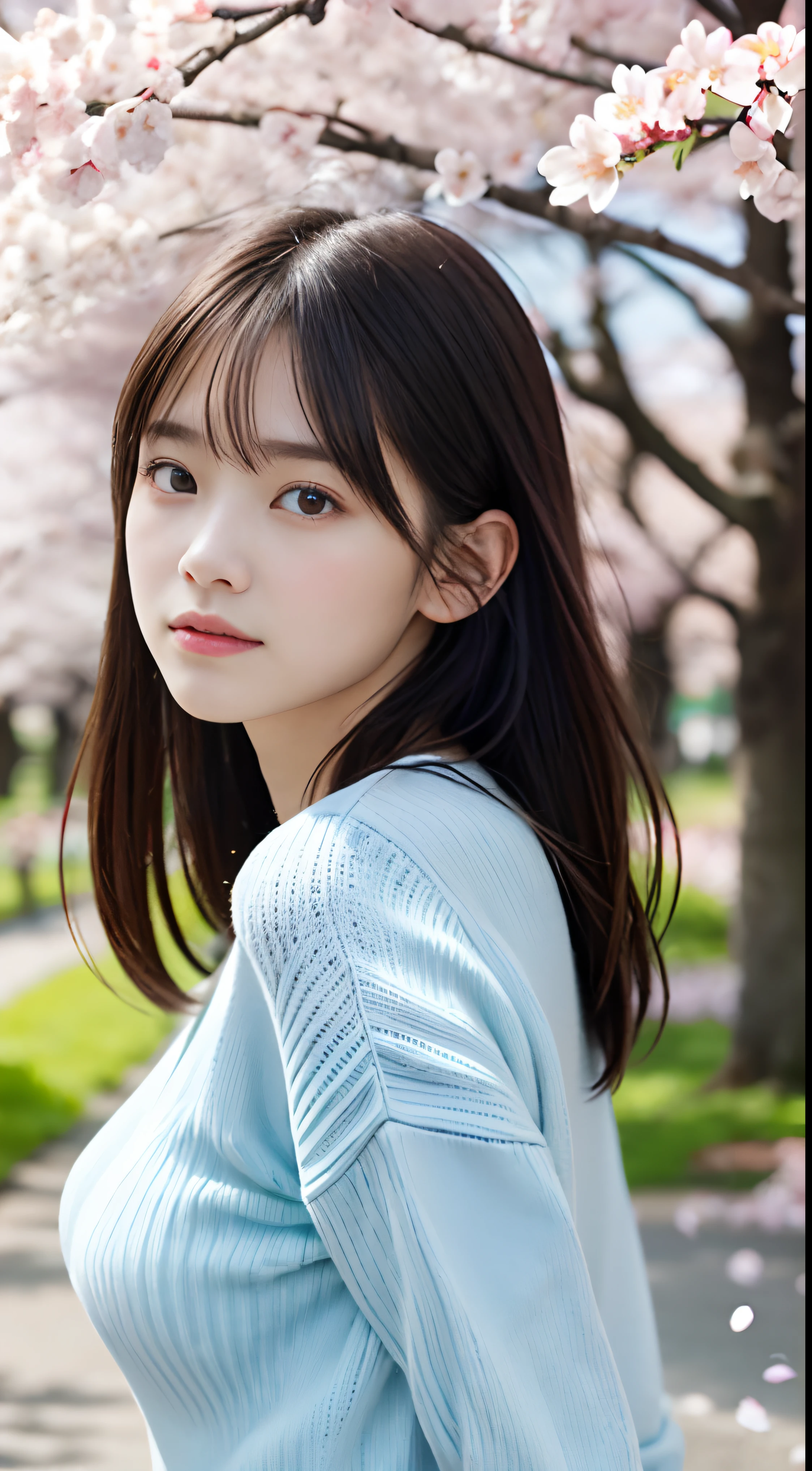 (Close up portrait of girl with slender small breasts and long hair with dull bangs in pastel blue sweater and shirt :1.5)、(A girls turn around with sad face and hair fluttering in the wind :1.5)、(Rows of cherry blossom trees in full bloom and cherry blossom petals dancing in the wind:1.5)、(Perfect Anatomy:1.3)、(No mask:1.3)、(complete fingers:1.3)、Photorealistic、Photography、masutepiece、top-quality、High resolution, delicate and pretty、face perfect、Beautiful detailed eyes、Fair skin、Real Human Skin、pores、((thin legs))、(Dark hair)