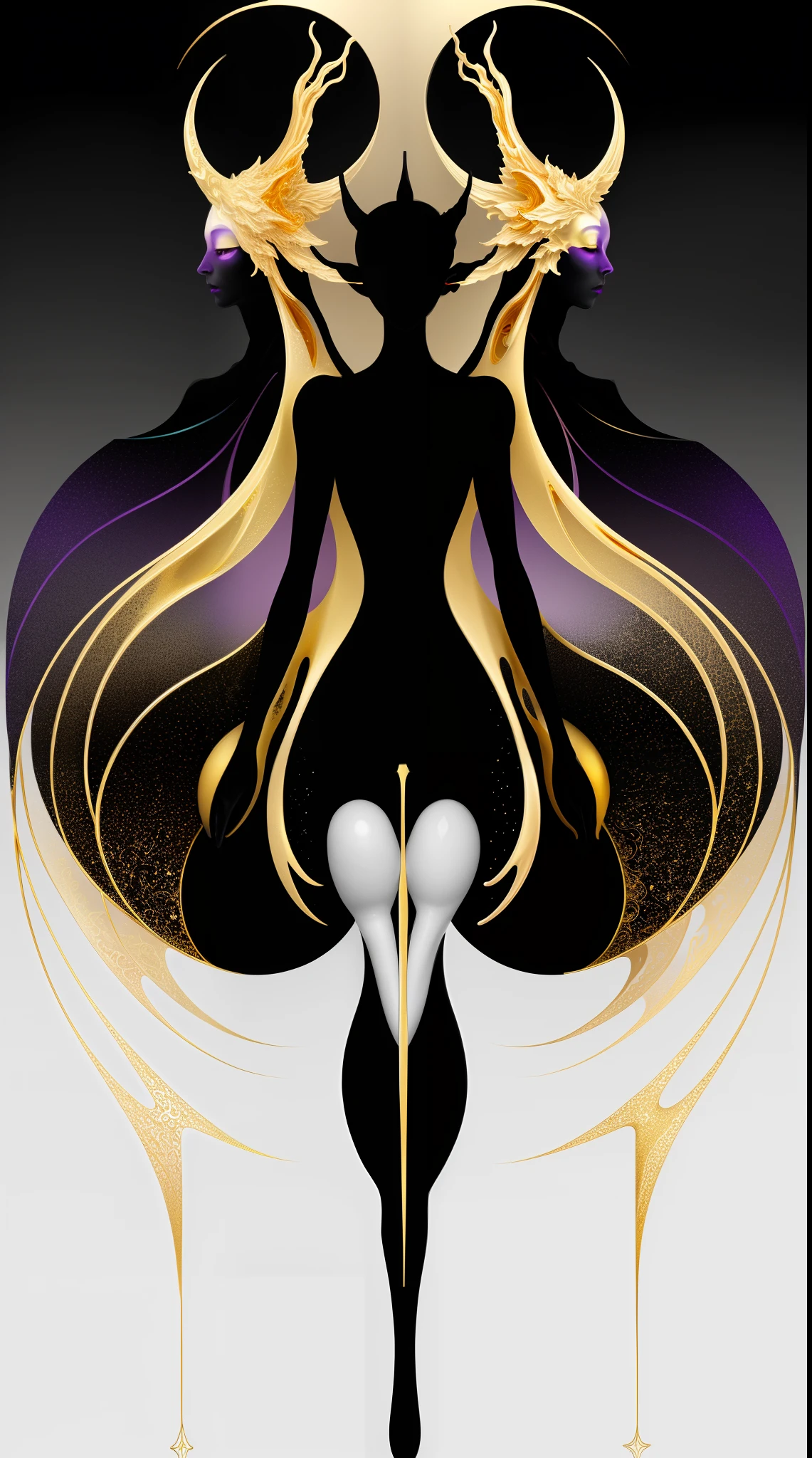 Two asexual and ethereal figures representing order and chaos on a gradient background in gold and black colors