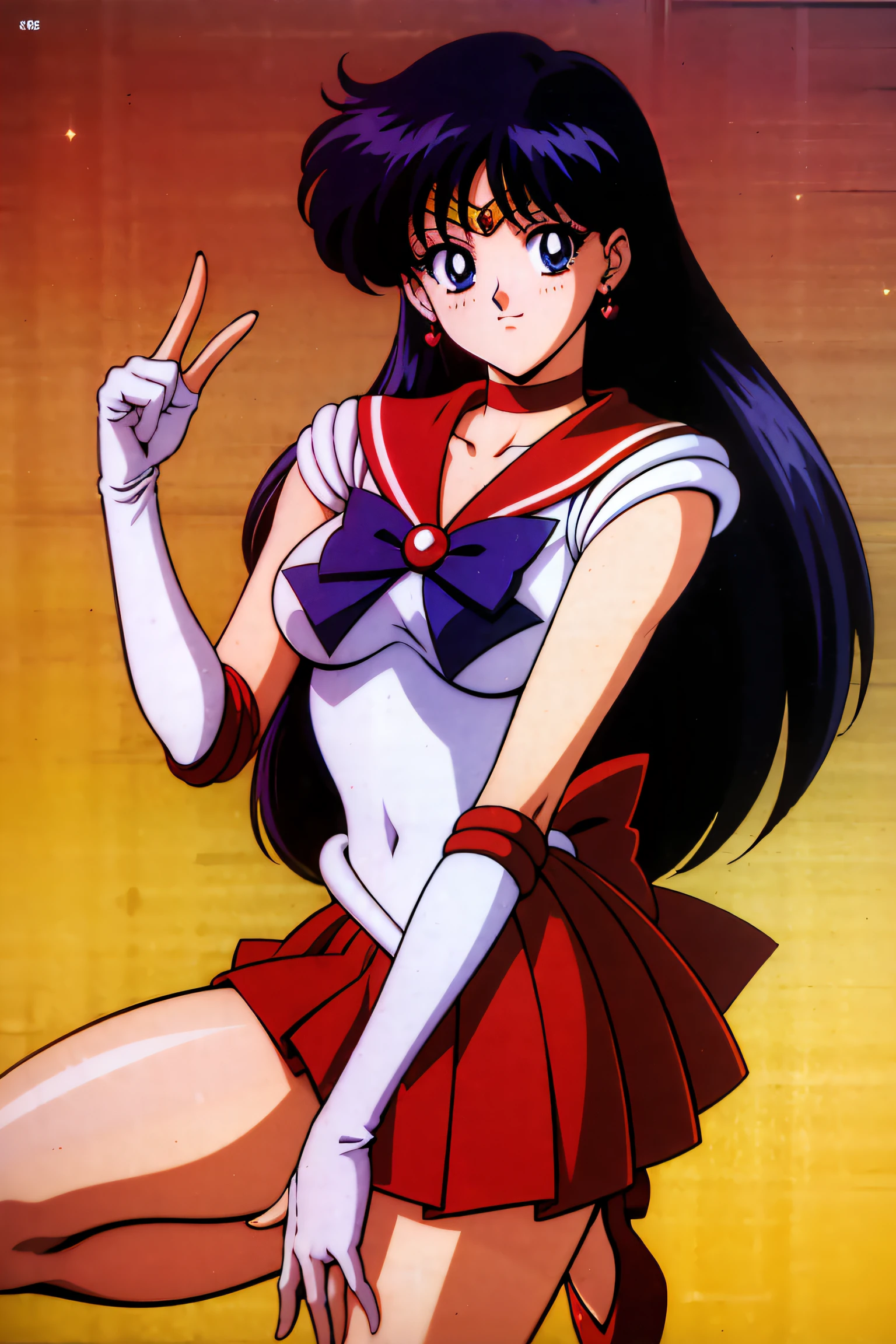 (top-quality:1.3), (​masterpiece:1.4),(Anatomically correct), (Full limbs),(complete fingers),(Precise fingertips), (Fine details),(8K),Photorealista,Sailor Moon!!!!!!!!, Sailor Moon Style,by Sailor Moon, Sailor Senshi Uniform,(Sailor Mars:1.25),aqua eyes,cabelos preto e longos,a red choker,Red high heels,(Super Detail),(90s Anime,9 0 s anime,9 0 s anime style,anime cels,cel shaded anime),