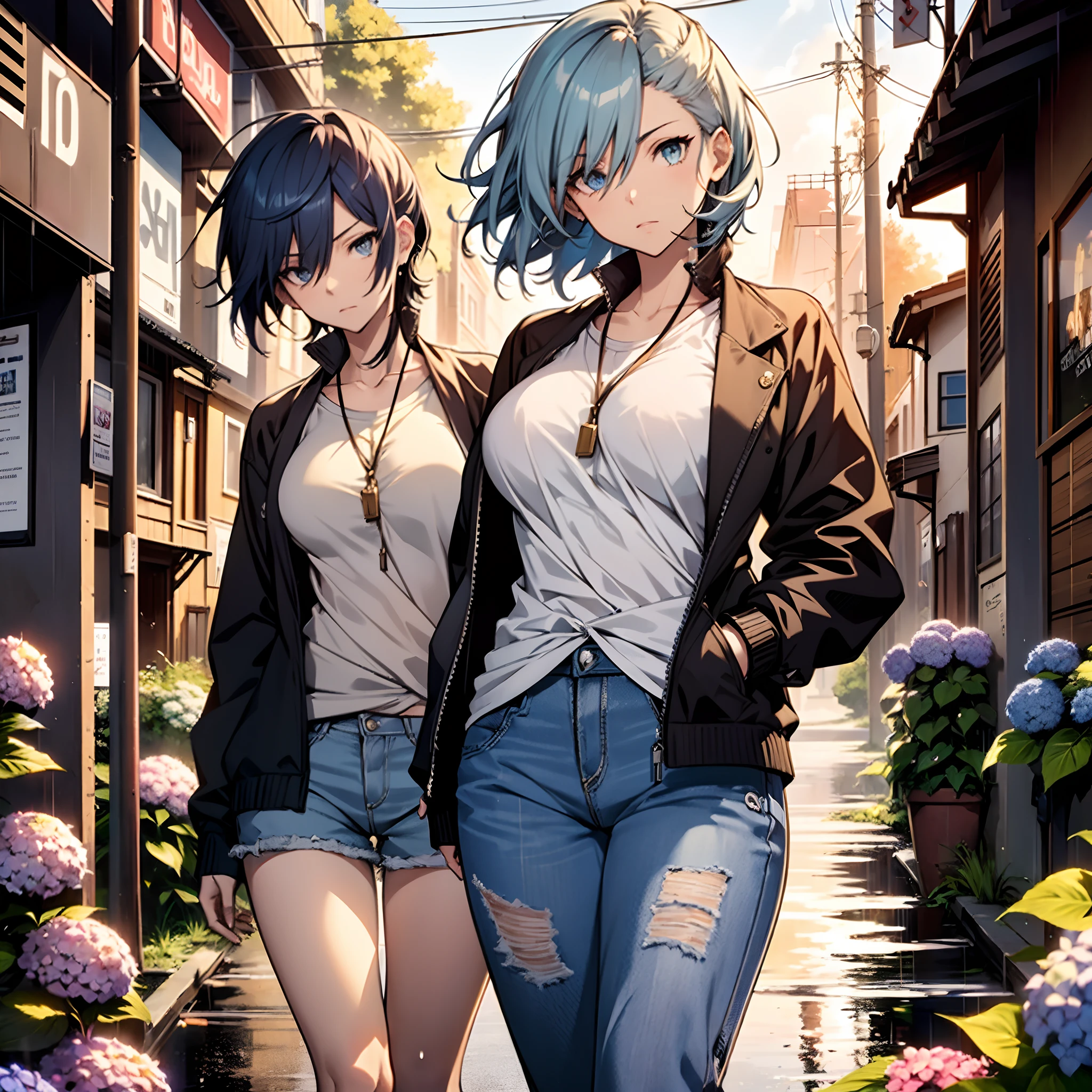 ((masterpiece , best quality)), ((( 1 girl ))), blue hair, cool looking woman, short hair, tomboy, mature woman, expressive eyes, heterochromaia eyes , (perfect female proportions), (very large breasts), women loose shirt, with casual shorts, long legs, skinny legs, slim hips, tomboy, milfication, mature female, casual clothes, the loneliest girl, artistic, inspired, (golden hour, warm light), (rain, sad, Hydrangea, Hortensia), luminism, ethereal, Anime art , Surrealism, a contrast between the realistic and the absurd, Focused on Woman, chaotic, High Creative, Dynamic, informative, High detailing, cinematic, complex background