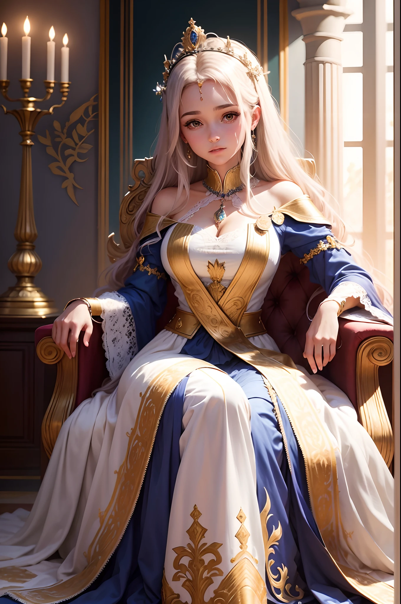 In a majestic palace with Greek columns and gilded adornments, A blonde woman is sitting on an imposing throne. Your hair is elegantly stuck, e ela veste shorts jeans combinados com uma camisa preta, trazendo um toque de modernidade ao ambiente luxuoso.

A mulher olha ao redor, Appreciating the grandeur of the palace. She looks comfortable and confident on her throne, uma figura de autoridade. Near you, o brilho do ouro reflete o poder e a riqueza do lugar.

Enquanto sentada ali, She reflects on her responsibilities as ruler of this magnificent kingdom, a position she won with wisdom and determination. Her serious and determined look shows that she is ready to face any challenge that lies ahead..

The subjects of the kingdom admire and respect her, Knowing that she is a fair and dedicated leader. A cena retrata uma mulher forte e corajosa, whose presence fills the palace with an aura of power and elegance.